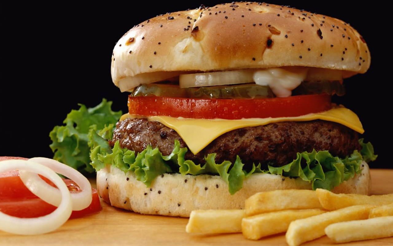 black background, fruit, fast food, bread, cheese, meat, snack, potato, tomato, sandwich, food, 720P, meal, hamburger, unhealthy eating, freshness, lettuce, HD Wallpaper