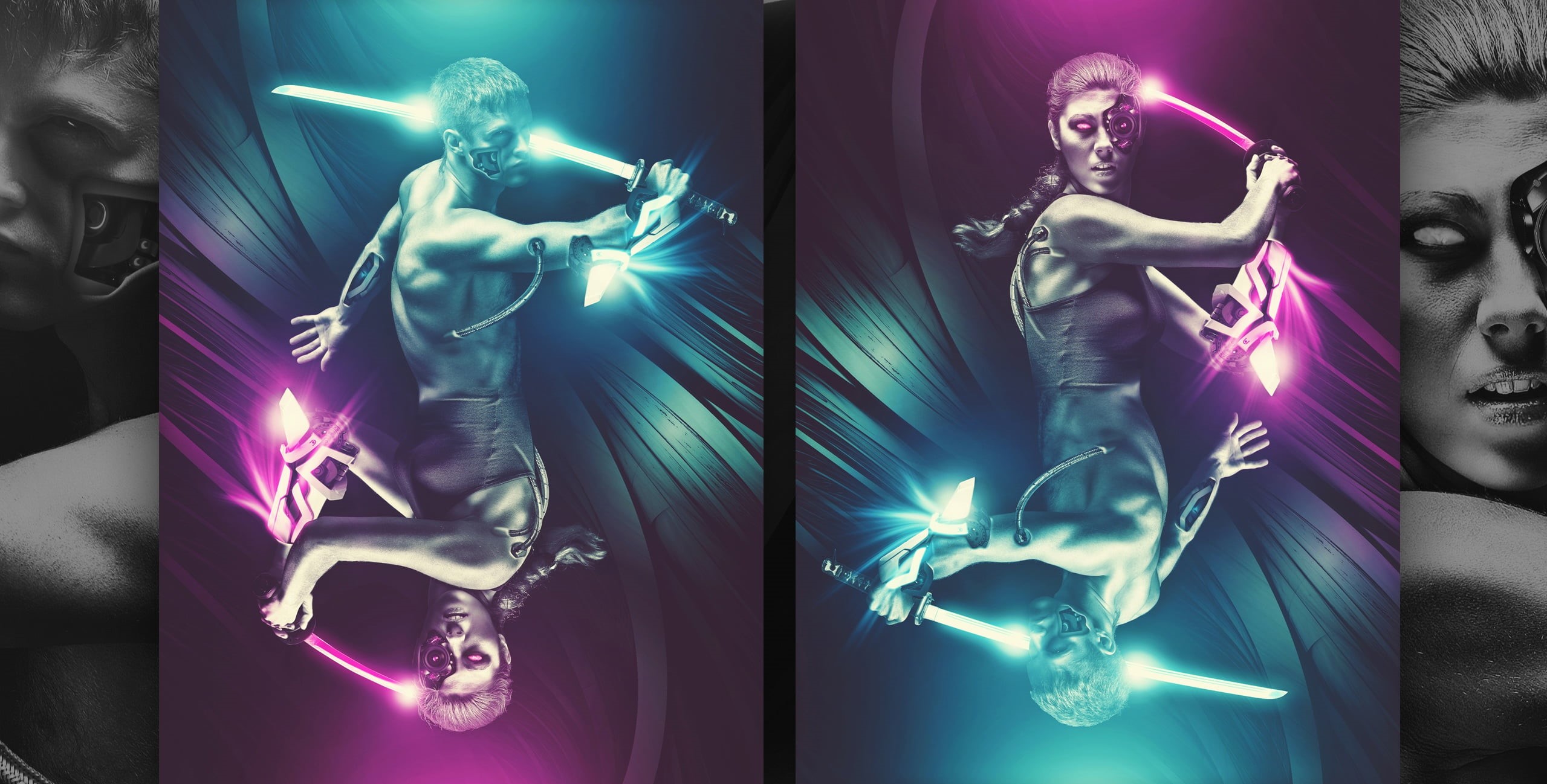 neon, guy, Silent Symphony, cyborgs, 1080P, girl, sword, katana, BossLogic, HD Wallpaper