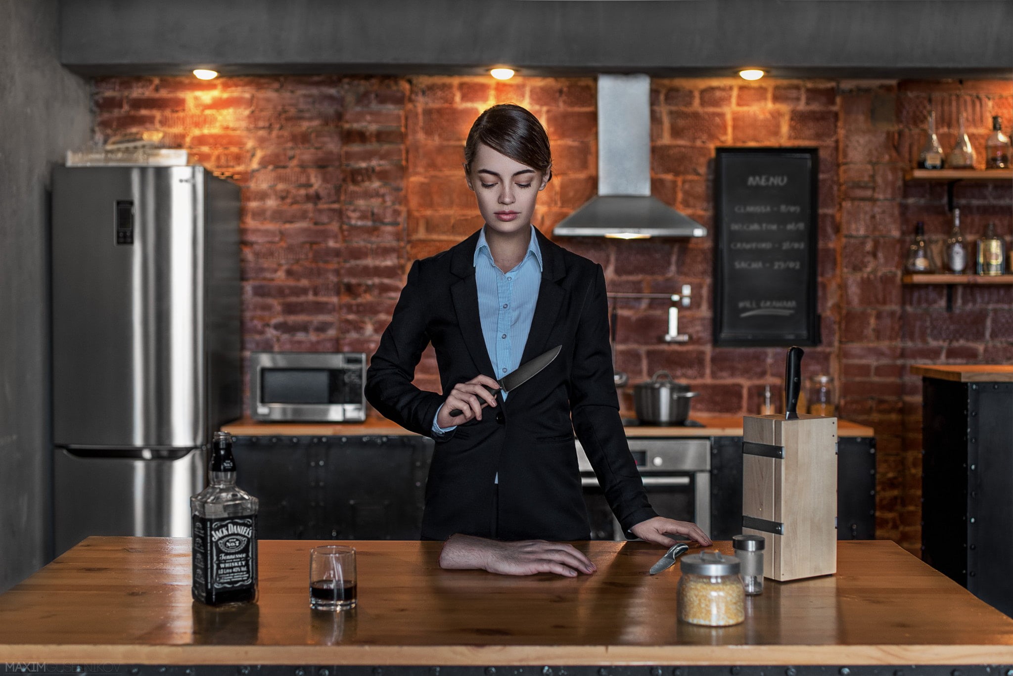 food and drink, occupation, kitchen, glass, indoors, bottle, casual clothing, women, drink, business, Maxim Guselnikov, front view, knife, one person, room, HD Wallpaper