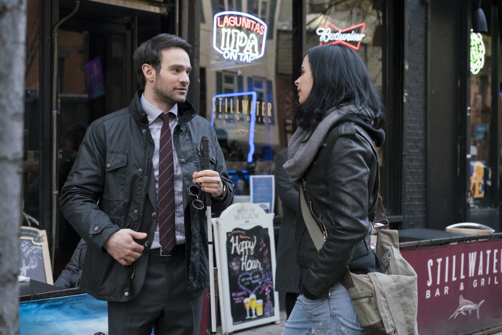 three quarter length, Daredevil, city life, TV Show, 1080P, young adult, retail display, men, Charlie Cox, jacket, retail, Krysten Ritter, The Defenders, HD Wallpaper