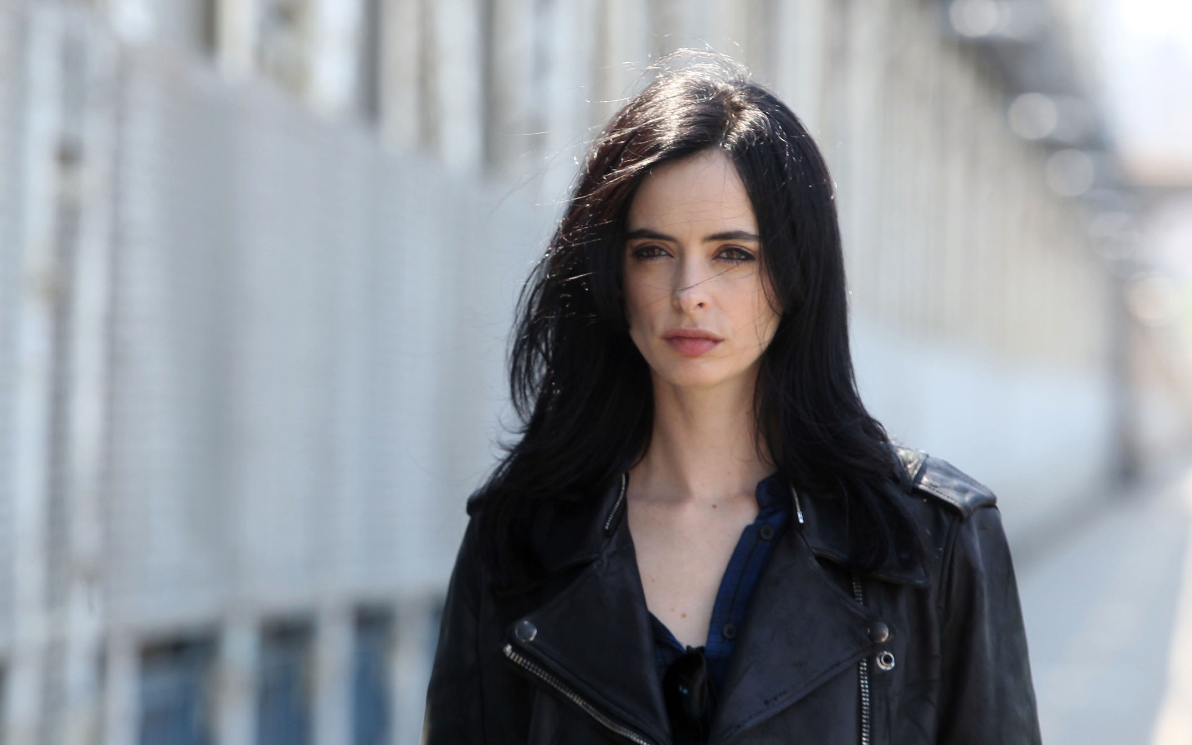 black hair, women, hair, looking at camera, real people, jones, ritter, front view, beautiful woman, jacket, day, hairstyle, one person, young women, leather, HD Wallpaper