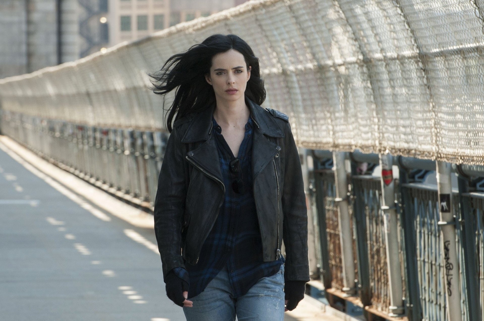 young adult, 1080P, fashion, beauty, front view, city, TV Show, long hair, women, hairstyle, Jessica Jones, adult, leather, outdoors, brown hair, Krysten Ritter, HD Wallpaper