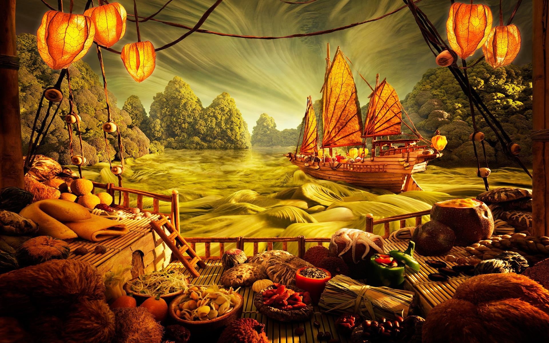 outdoors, digital art, lighting equipment, sailing ship, food and drink, wood, digital, lake, tree, leaves, decoration, water, beauty in nature, HD Wallpaper