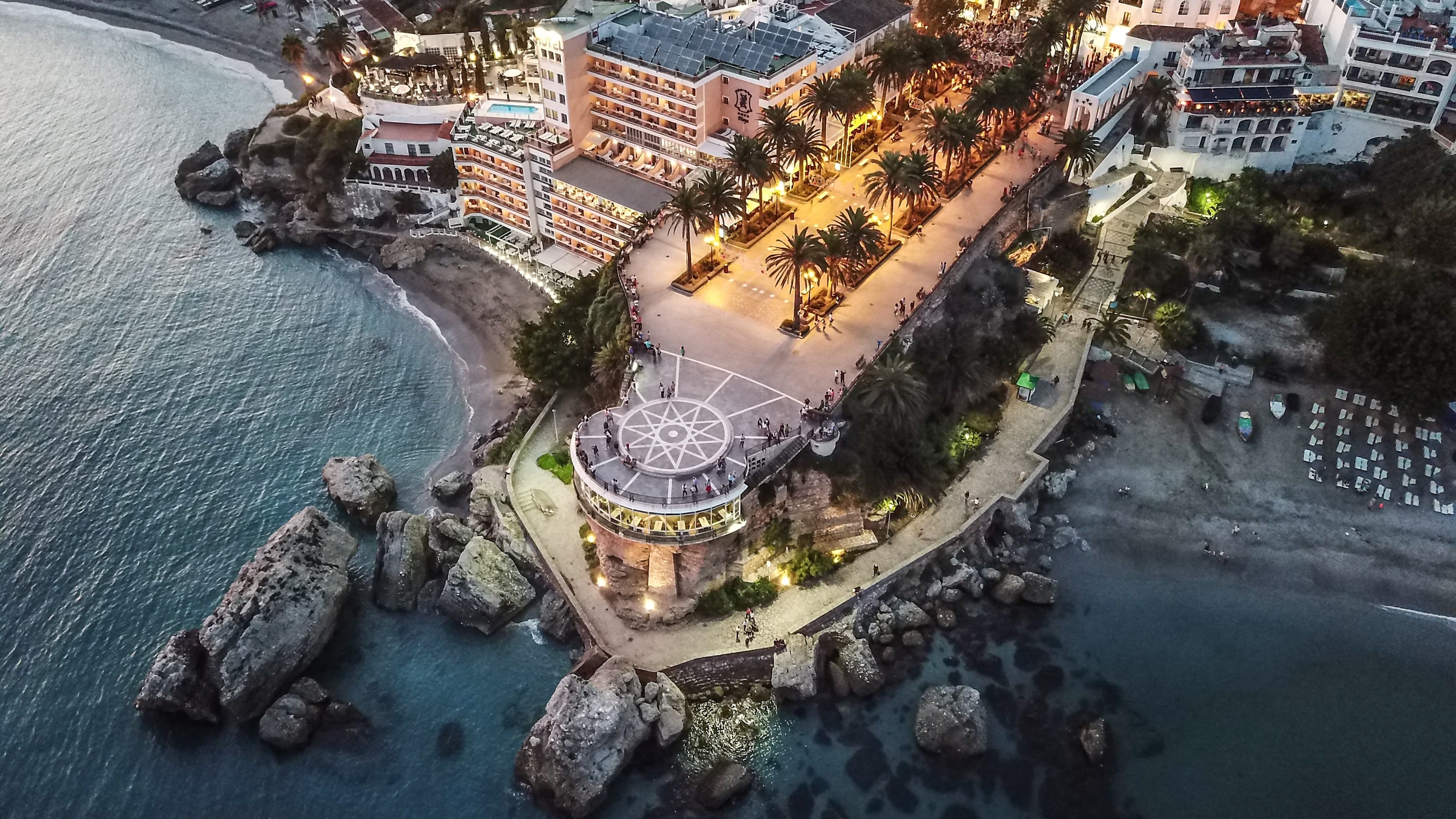 walk, city, travel destinations, sunset, cityscape, architecture, nerja, travel, tourism, incidental people, beach, building exterior, nature, sea, water, HD Wallpaper