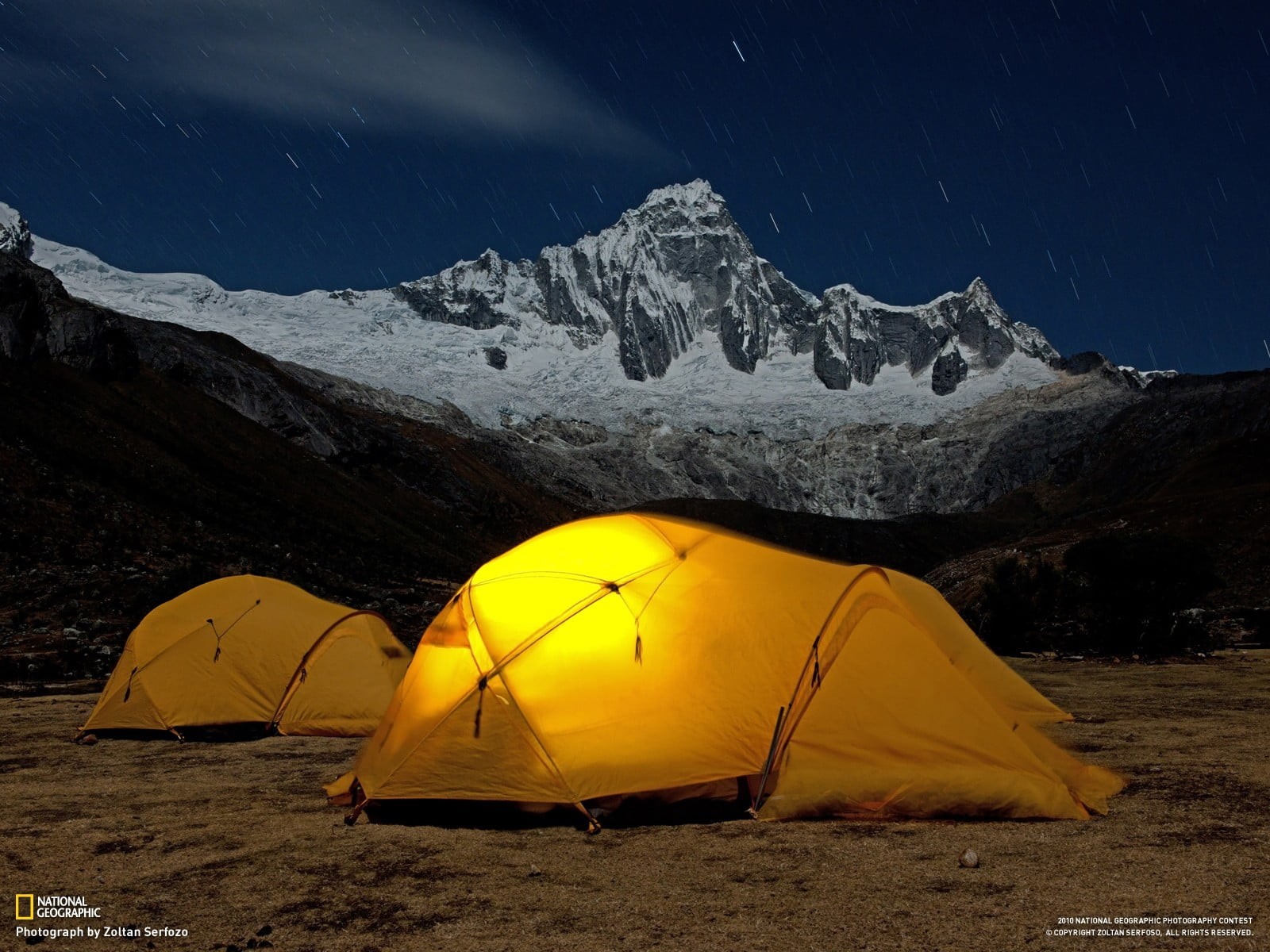 tent, winter, mountain range, mountains, yellow, nature, sky, mountain, beauty in nature, long exposure, 720P, adventure, tranquility, snow, camping, tranquil scene, HD Wallpaper