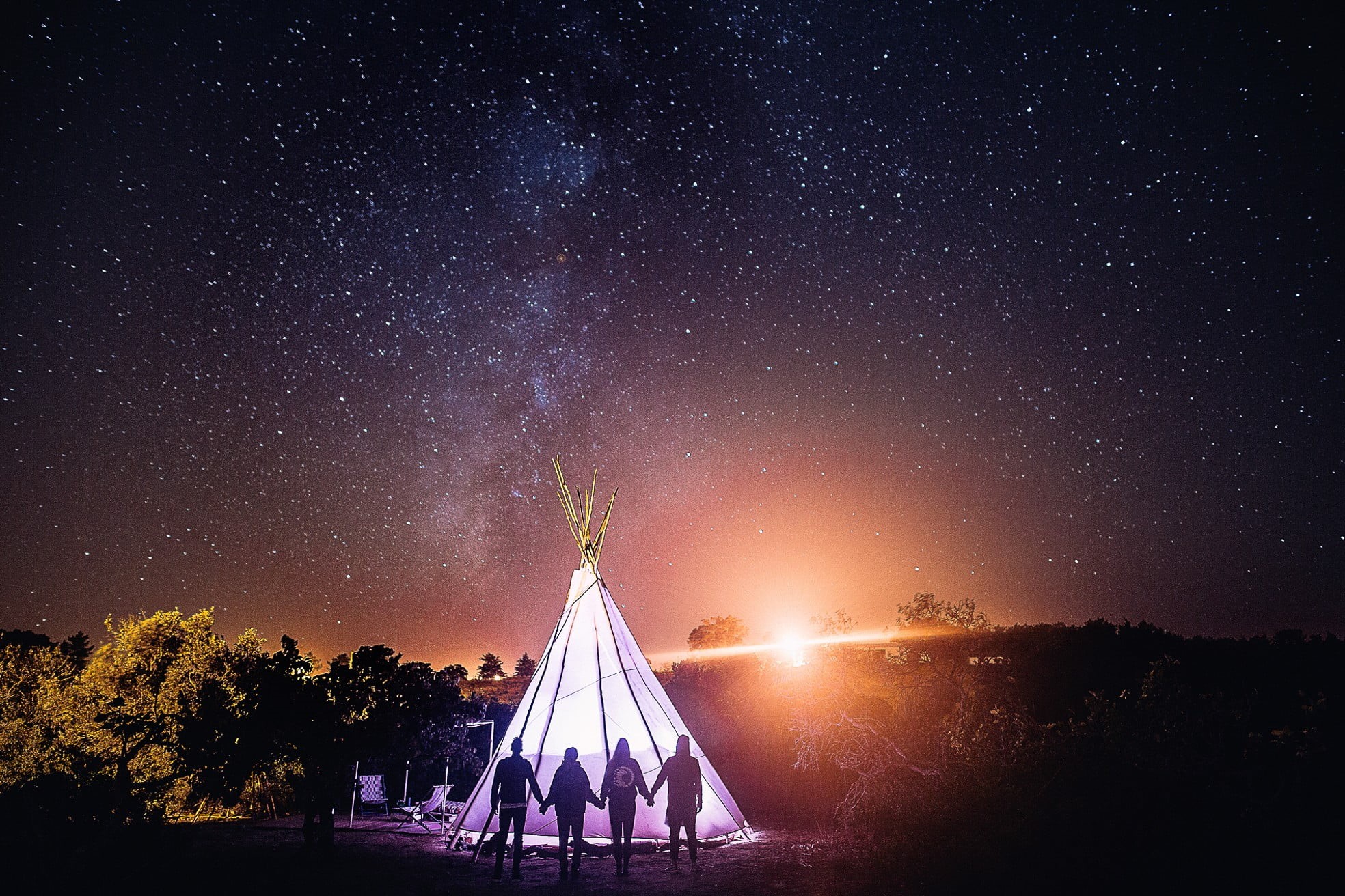 holding hands, galaxy, night sky, star - space, sky, space and astronomy, illuminated, plant, stars, tree, architecture, scenics - nature, tranquility, HD Wallpaper