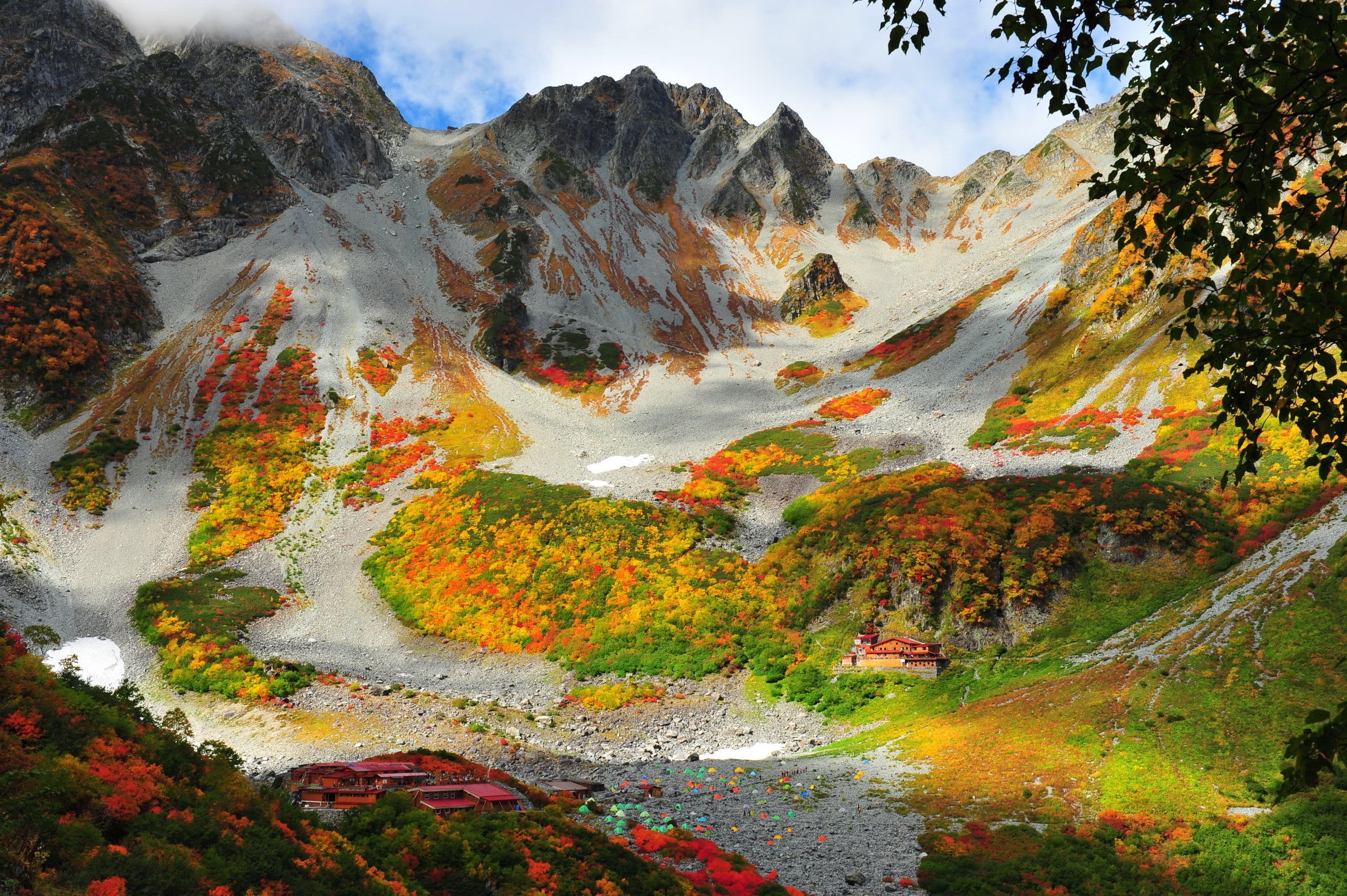 hiking, rock, idyllic, valley, leaves, Mount Hotakadake, trees, fall, tent, orange Color, no people, vibrant Color, change, 2K, rock - Object, nature, HD Wallpaper