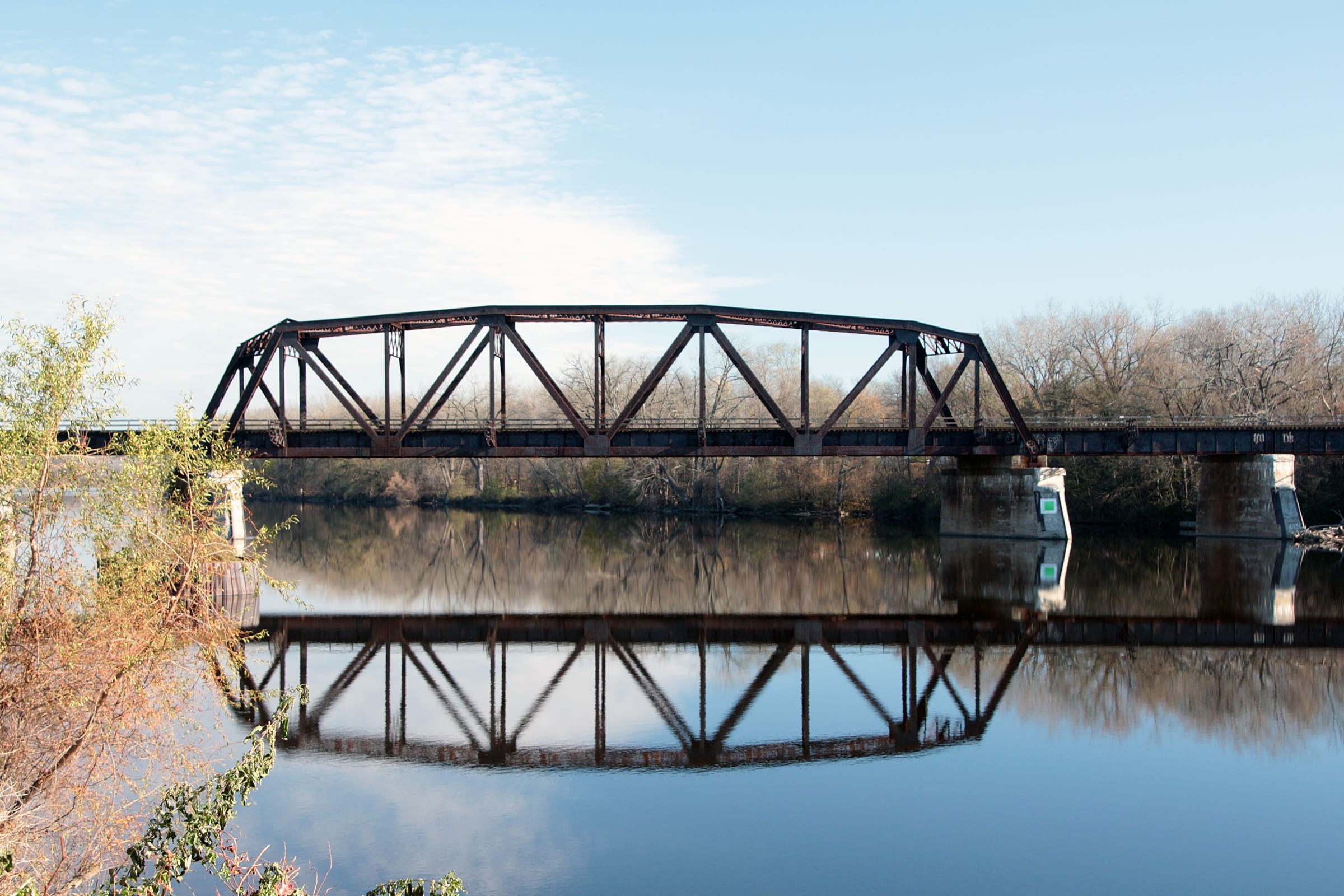 tree, blue, built structure, rust, scotia, crossing, clouds, bridge - man made structure, day, 1080P, nature, hudson, reflection, glenville, trees, architecture, HD Wallpaper