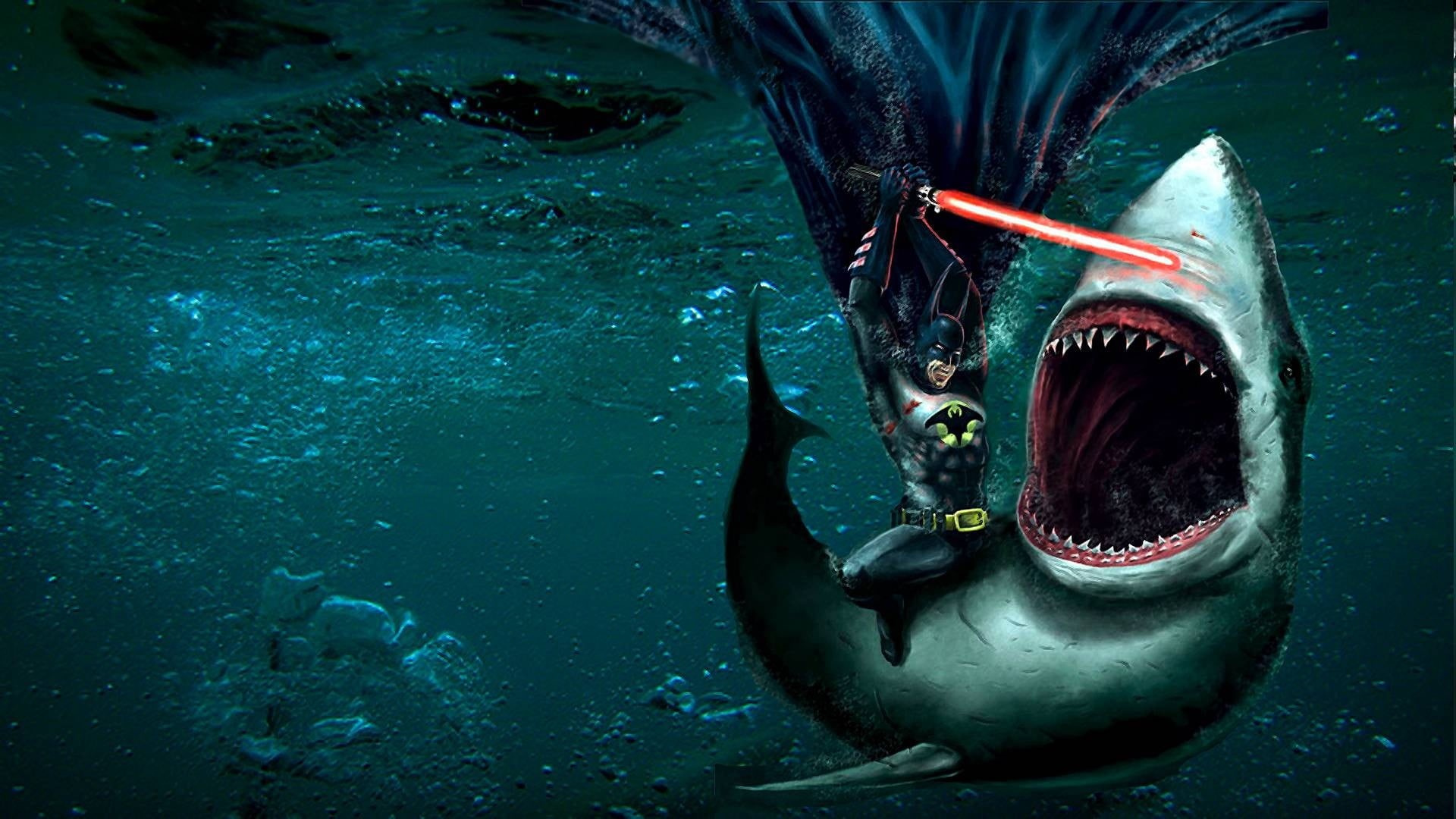 animals in the wild, animal mouth, underwater, marine, laser swords, dc, digital, mouth, swimming, animal themes, Batman, outdoors, fish, shark, 1080P, HD Wallpaper