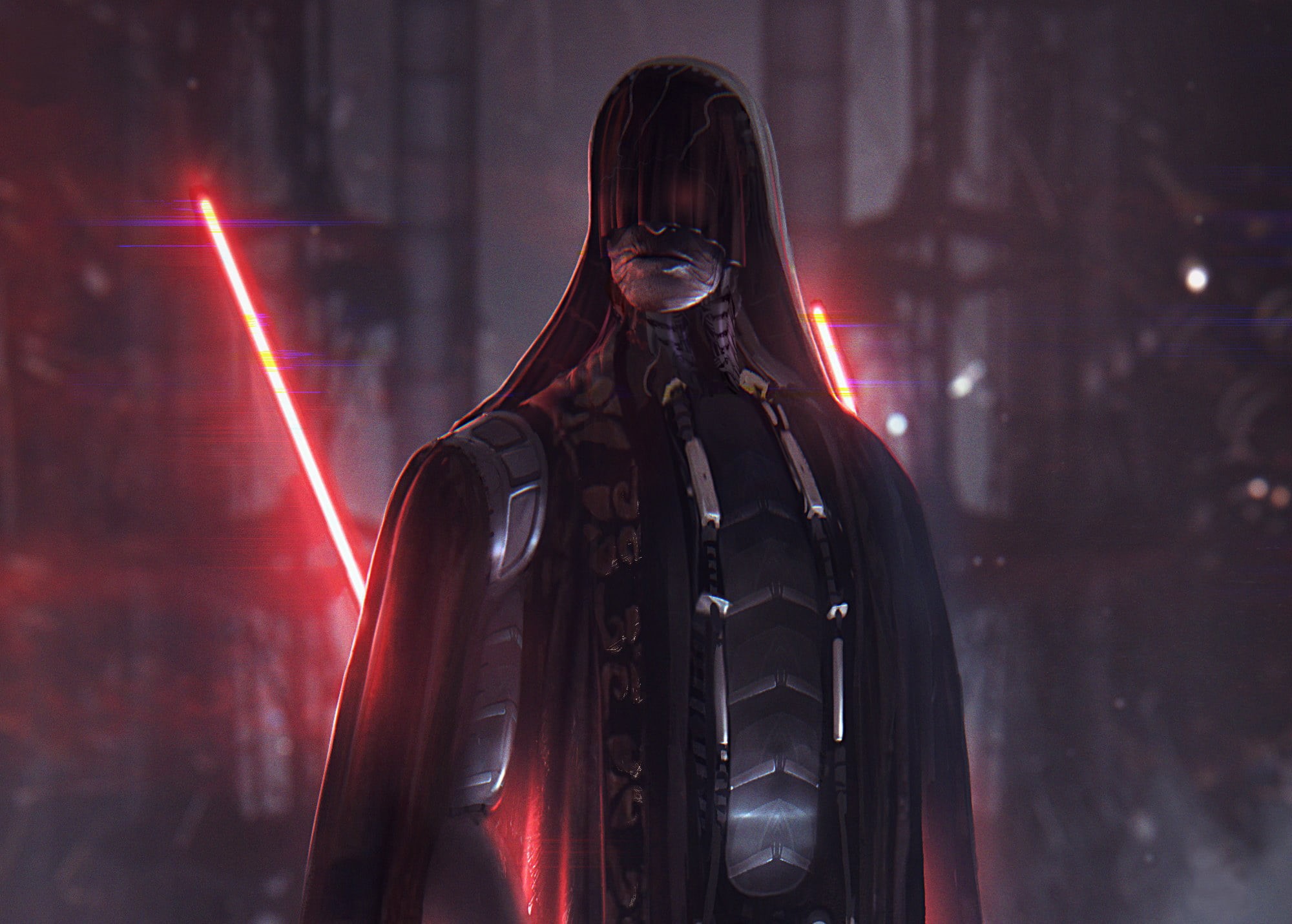 protective mask - workwear, holding, obscured face, communication, waist up, star, fantasy, gas mask, dark, laser sword, sith, star wars, 1080P, wars, HD Wallpaper