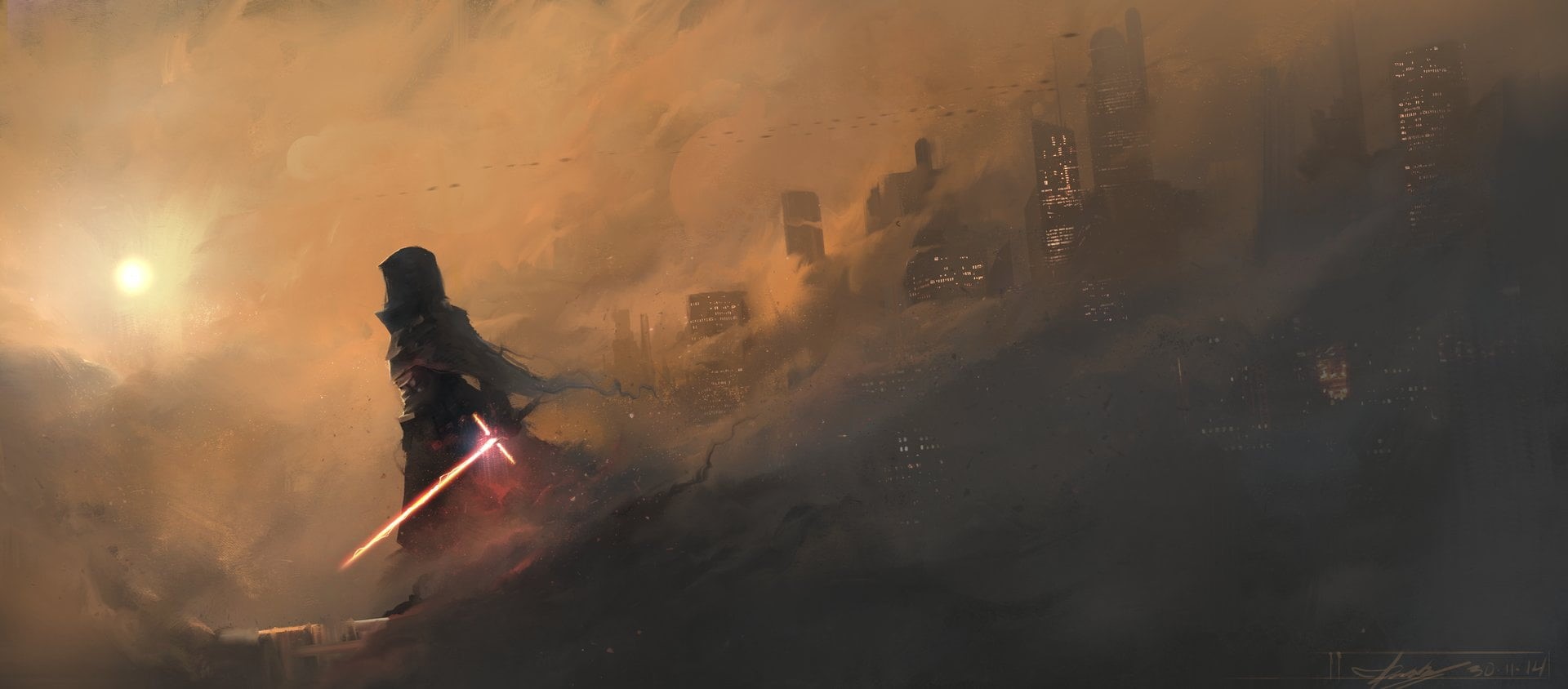 artwork, laser swords, Star Wars, 1080P, Sun, city, digital art, HD Wallpaper