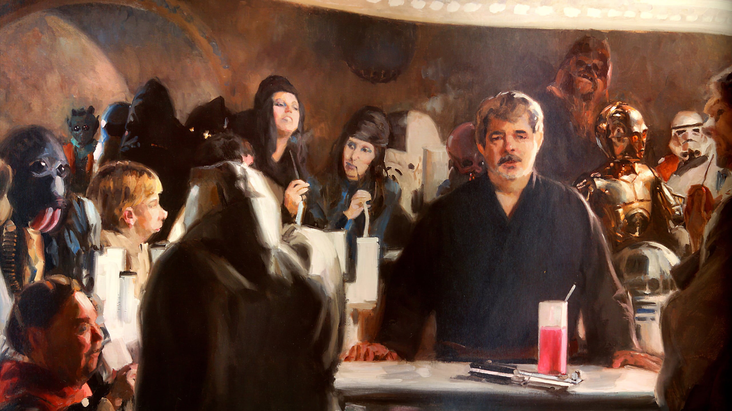 Tatooine, R2-D2, 2K, Chewbacca, Star Wars, lightsaber, artwork, painting, C-3PO, pub, George Lucas, Storm Troopers, HD Wallpaper