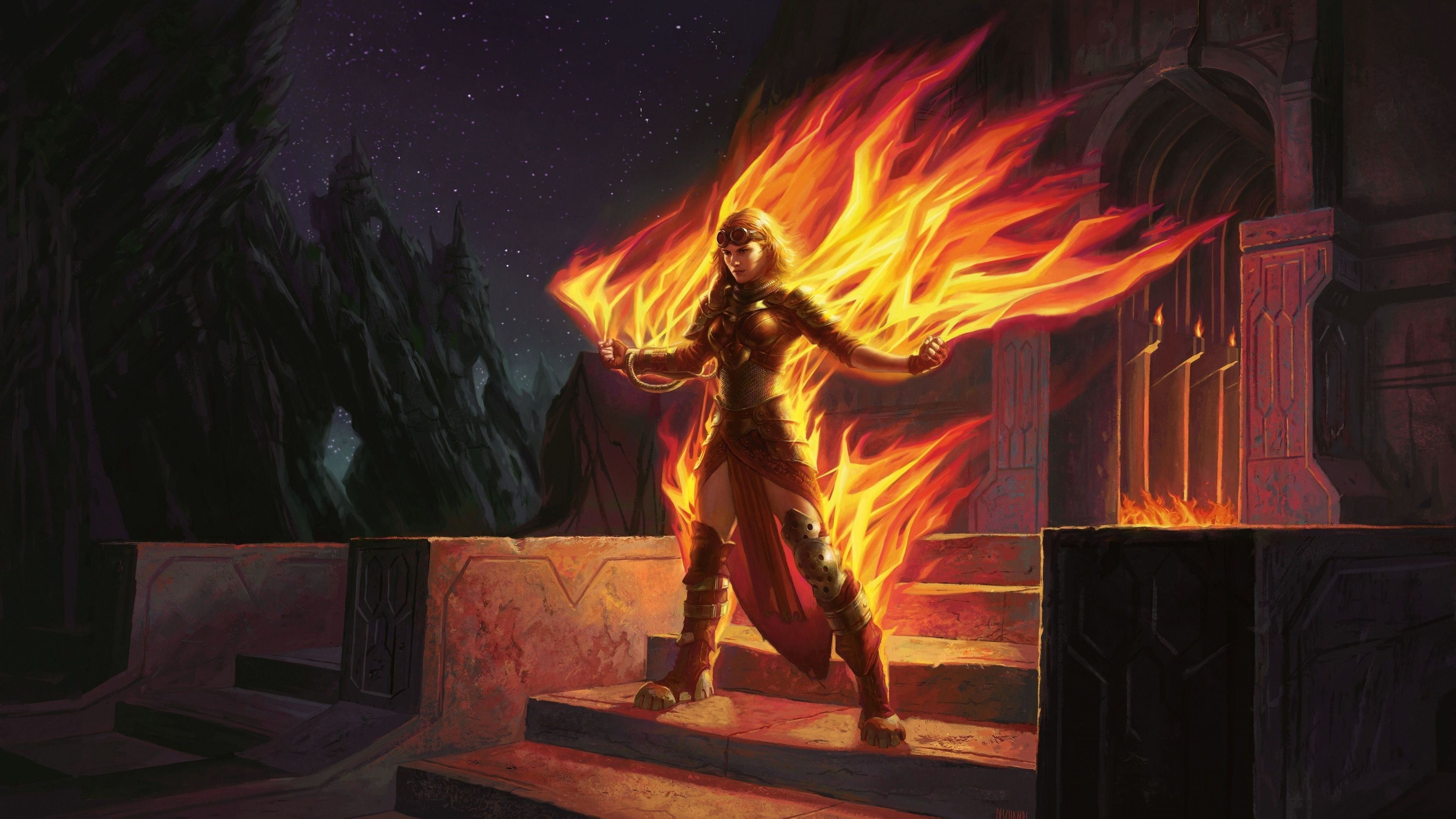 Chandra Nalaar, communication, orange color, 4K, motion, night, fire, nature, digital, Magic Duels: Origins, Magic: The Gathering, flame, wood - material, HD Wallpaper