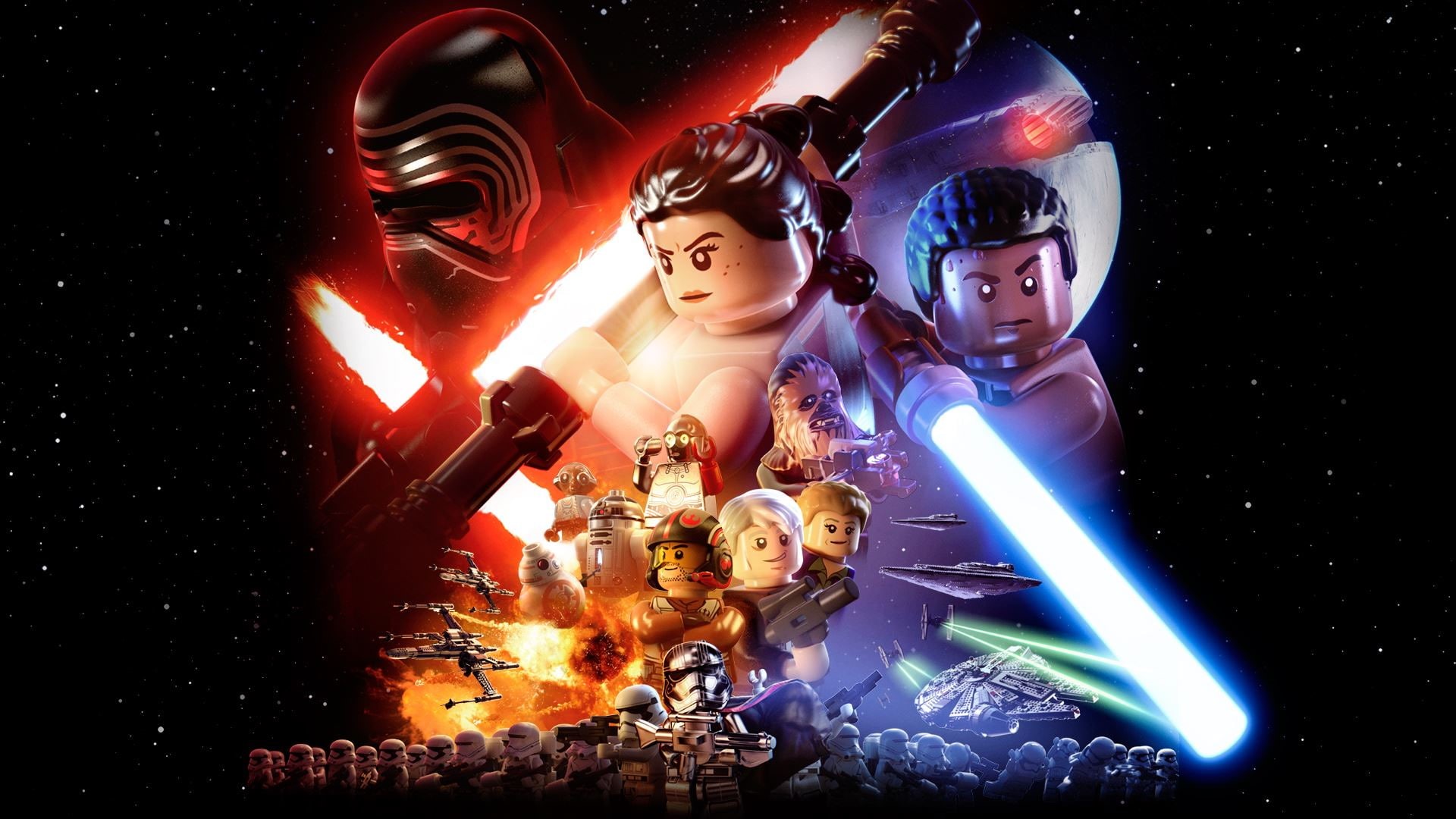 Lightsaber, R2-D2, Rey (Star Wars), Star Destroyer, Captain Phasma, Poe Dameron, Lego, Han Solo, Kylo Ren, Leia Organa, Finn (Star Wars), Millennium Falcon, HD Wallpaper