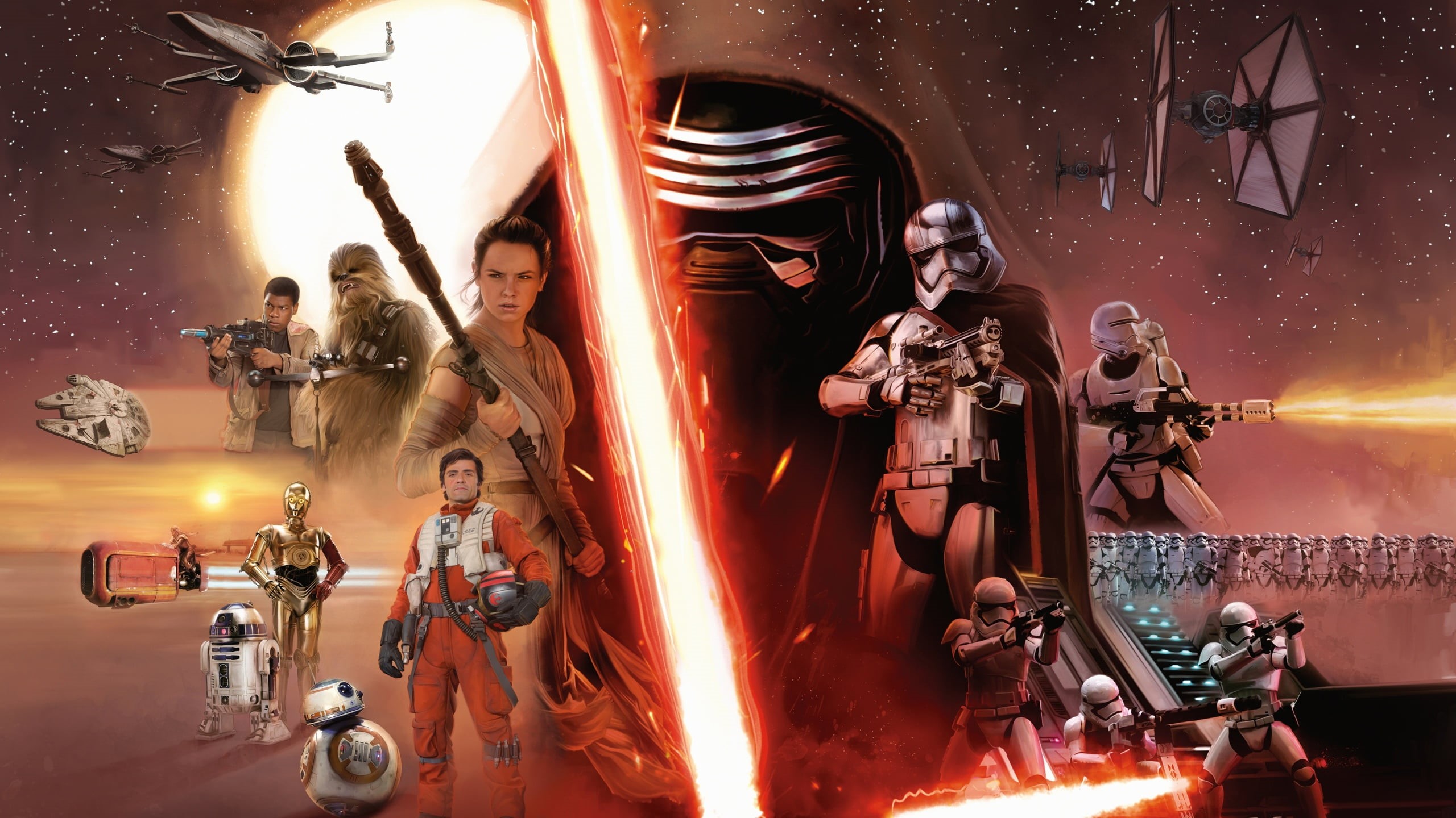 BB-8, Kylo Ren, Finn (Star Wars), Captain Phasma, Poe Dameron, Rey, First Order Trooper, 2K, TIE Fighter, Star Wars, Chewbacca, R2-D2, C-3PO, Sith, HD Wallpaper