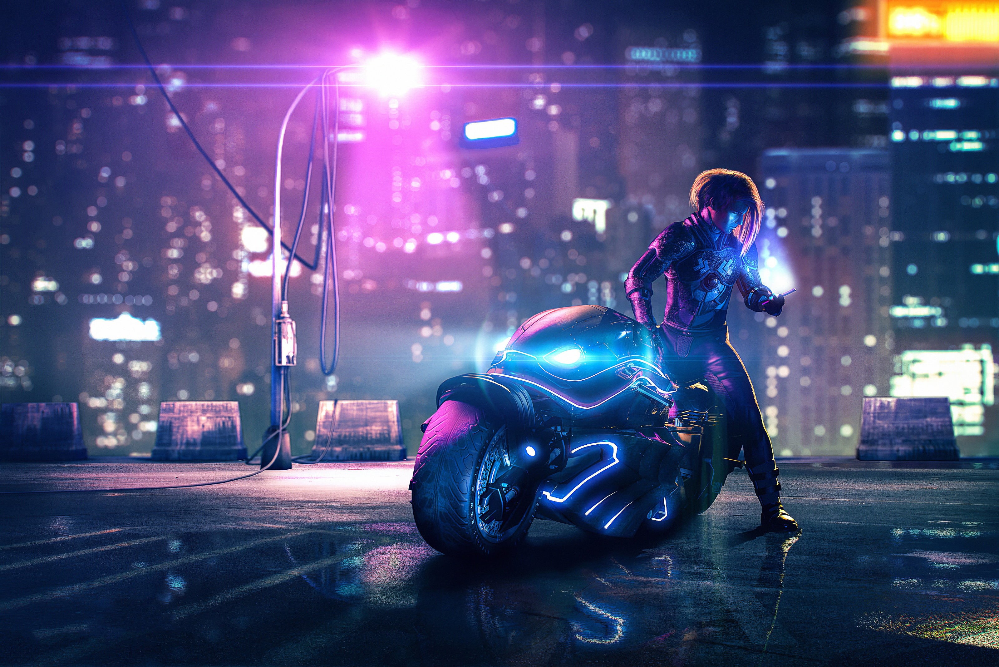 Night, Man, 2K, Futuristic, Vehicle, Cyberpunk, Motorcycle, Sci Fi, HD Wallpaper