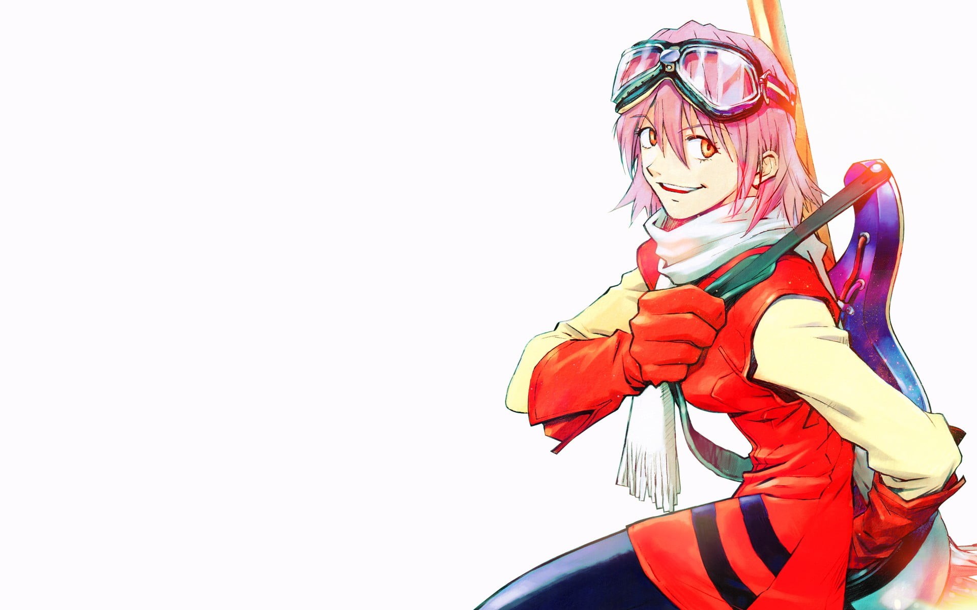 waist up, copy space, red, young adult, one person, indoors, hairstyle, lifestyles, glasses, young women, superhero, FLCL, face paint, 1080P, Haruhara Haruko, HD Wallpaper