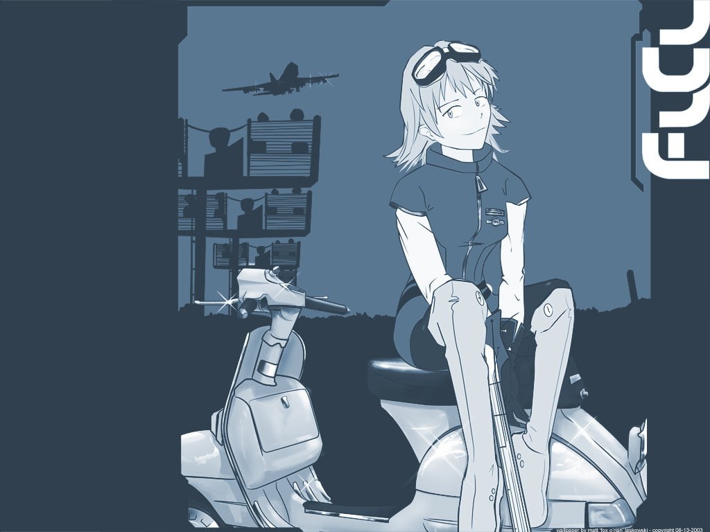 technology, seat, men, indoors, one person, FLCL, real people, chair, anime, Haruhara Haruko, adult, creativity, human representation, business, representation, HD Wallpaper