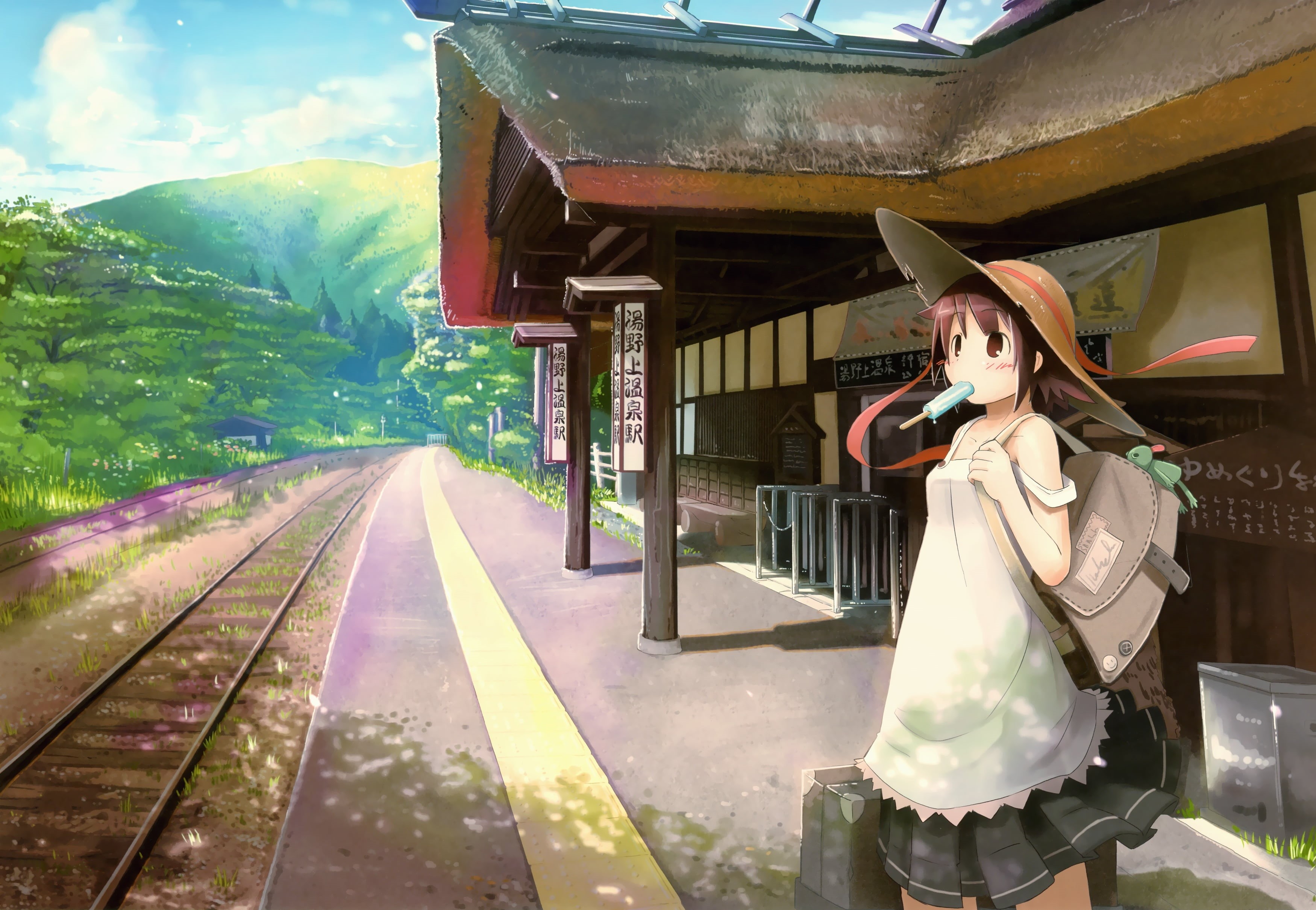 railroad station, built structure, adult, railroad track, outdoors, hat, architecture, young women, track, railway, nature, young adult, anime, rail transportation, HD Wallpaper