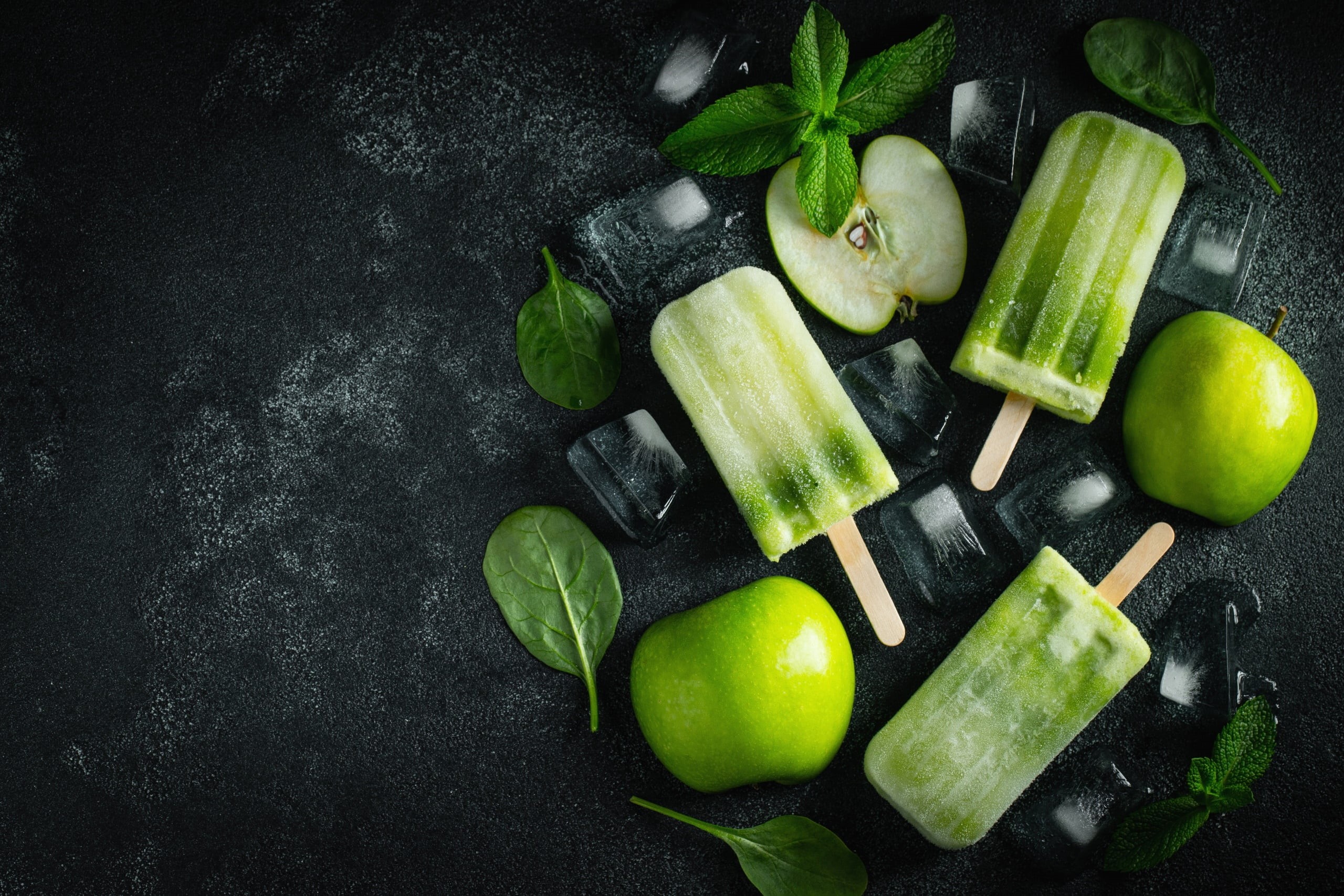 ice, black background, apples, green, ice cubes, food, popsicle, basil, fruit, mint leaves, spinach, 2K, top view, HD Wallpaper