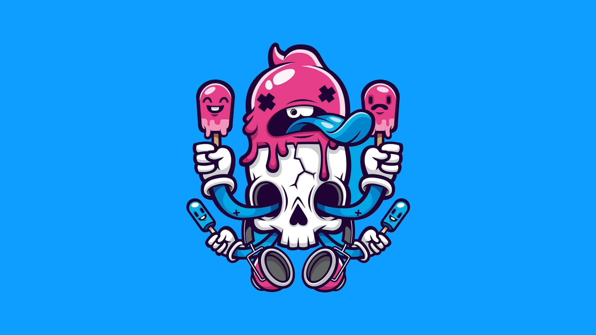 1080P, headphones, symmetry, skull, ice cream, popsicle, simple background, HD Wallpaper