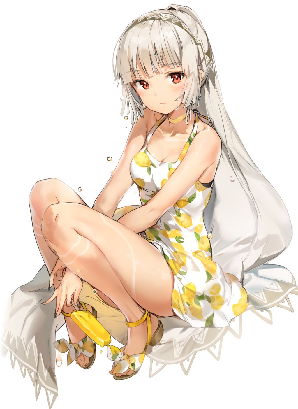 long hair, red eyes, dress, 720P, anime, legs, Anmi, popsicle, anime girls, simple background, Phone HD Wallpaper