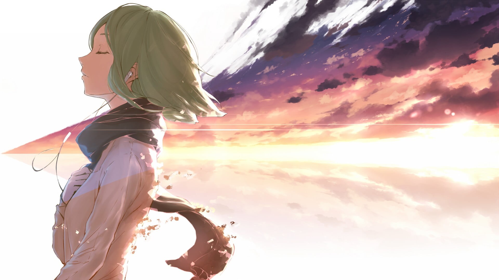 standing, sunset, Vocaloid, sky, smiling, water, backgrounds, hairstyle, women, hand on heart, silhouette, green, people, character, anime, scarf, lifestyles, HD Wallpaper
