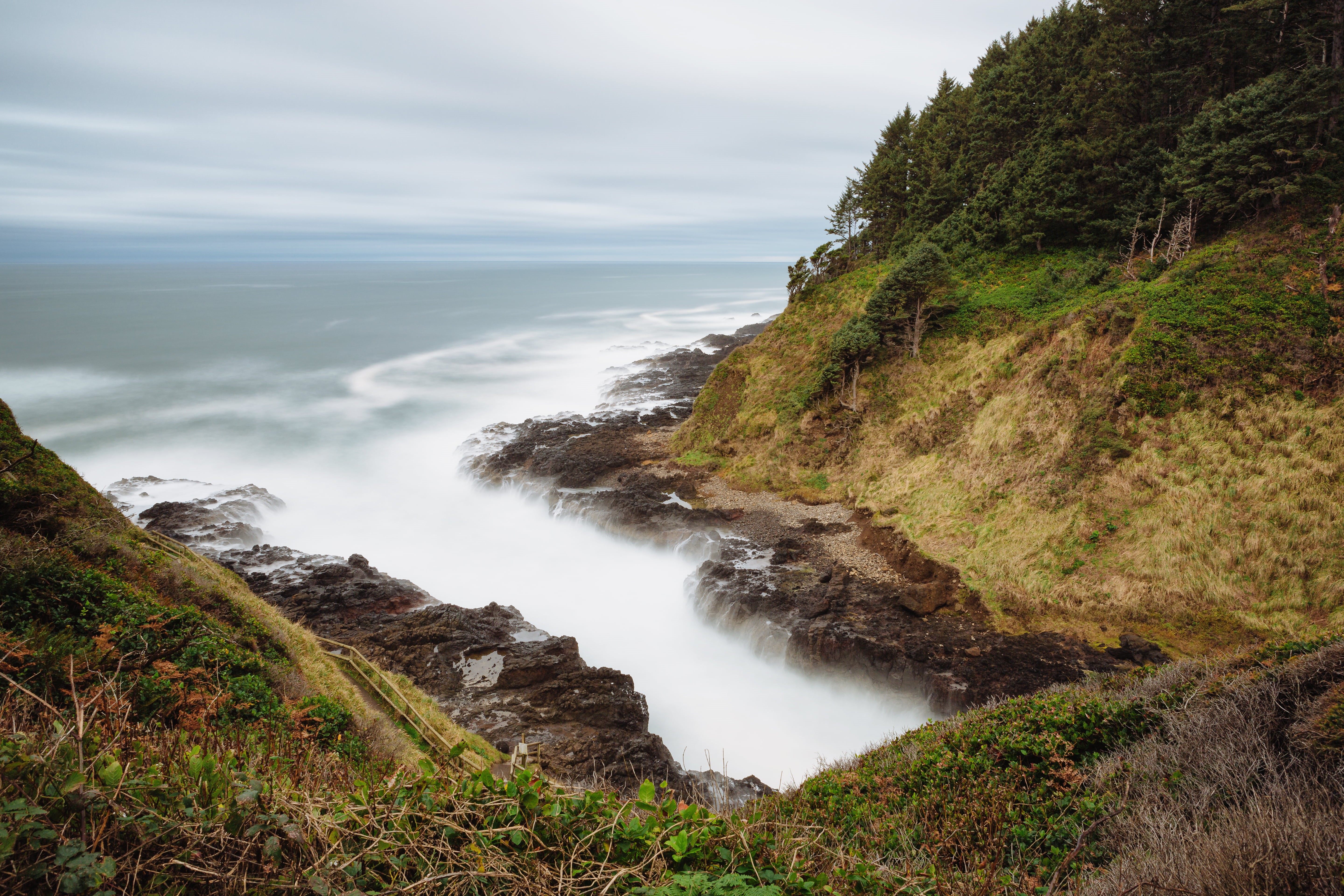 5K, green, ocean  Pacific, near, 70mm, Pacific Northwest, ocean  sea, cliff, field, B+W, ND, landscape, overcast, USM, Canon EOS 5D Mark III, nature, pacific ocean, HD Wallpaper