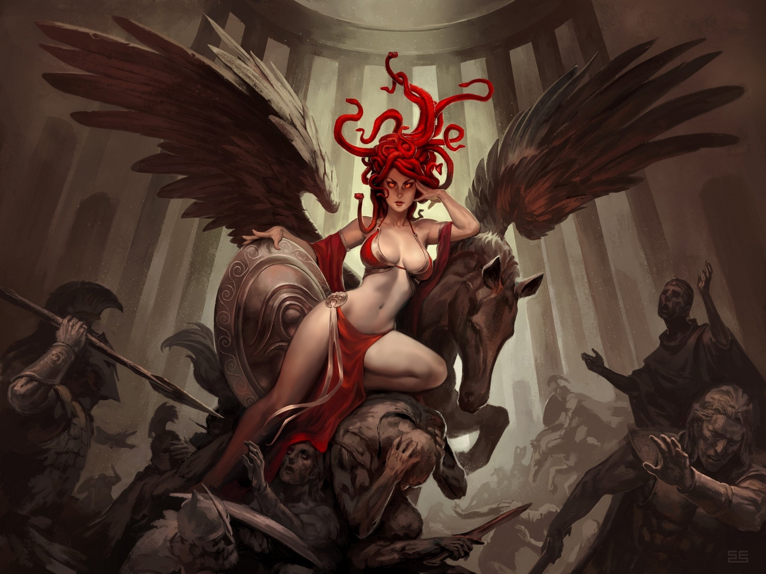 girl, snake, art, serpent, 2K, woman, Girls, Medusa, women, fantasy, artwork, warrior, HD Wallpaper