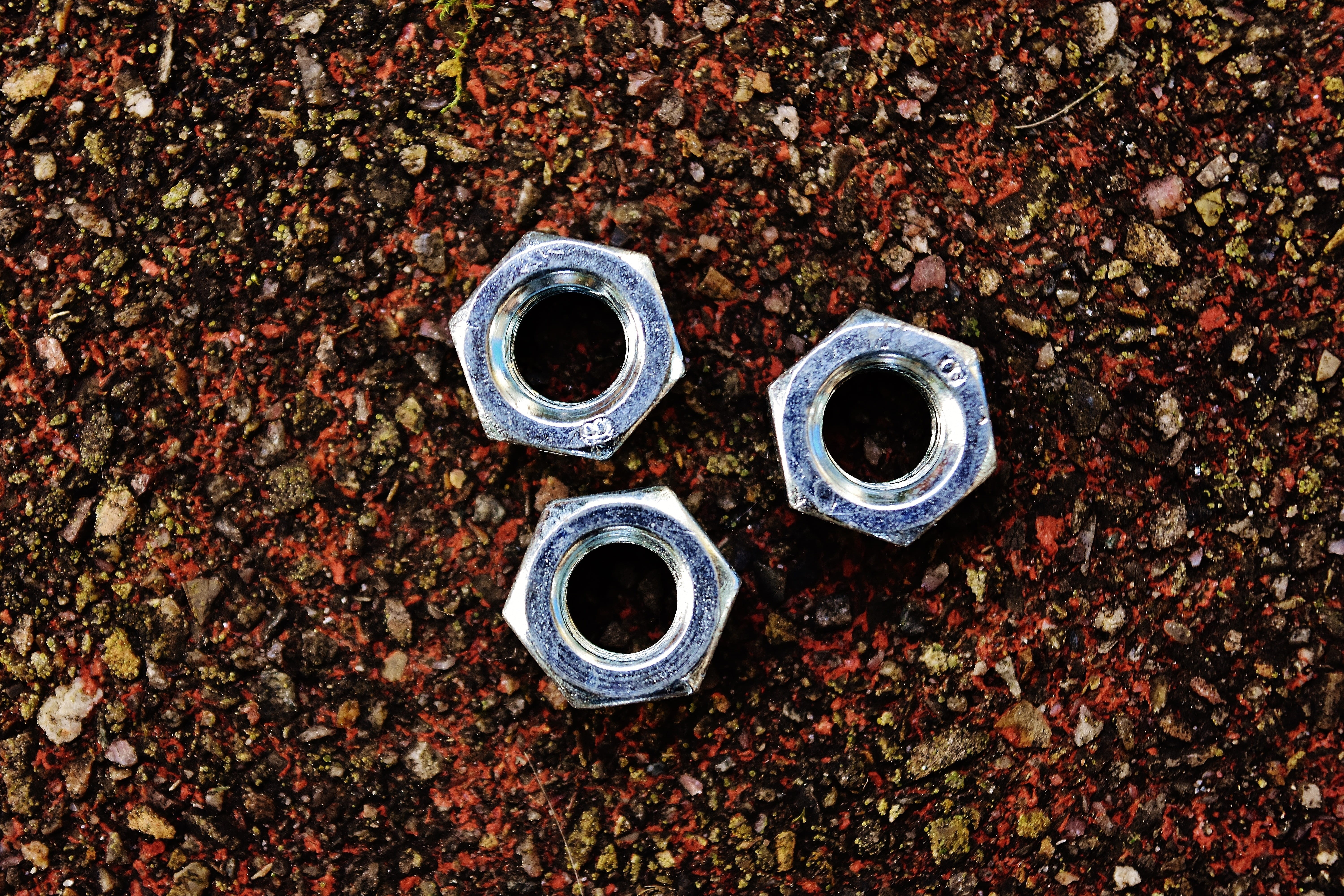 close-up, hex bolt, wheel, allen, outdoors, nuts, ground, food and drink, land, high angle view, plant part, 5K, silver, still life, nut - fastener, metal, HD Wallpaper