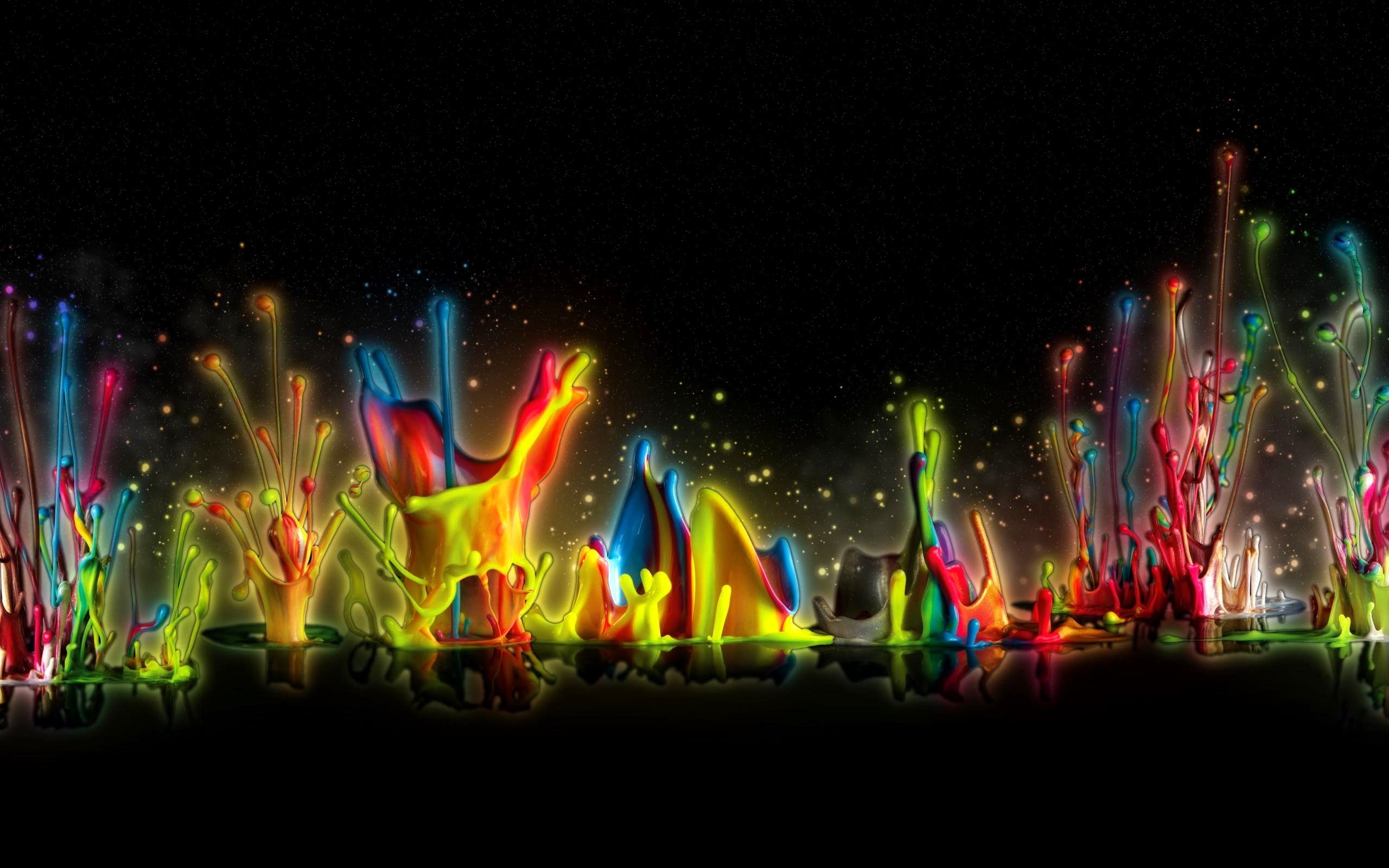 black background, 2K, paint, bursts, reflection, drops, rendering, the colors of the rainbow, HD Wallpaper