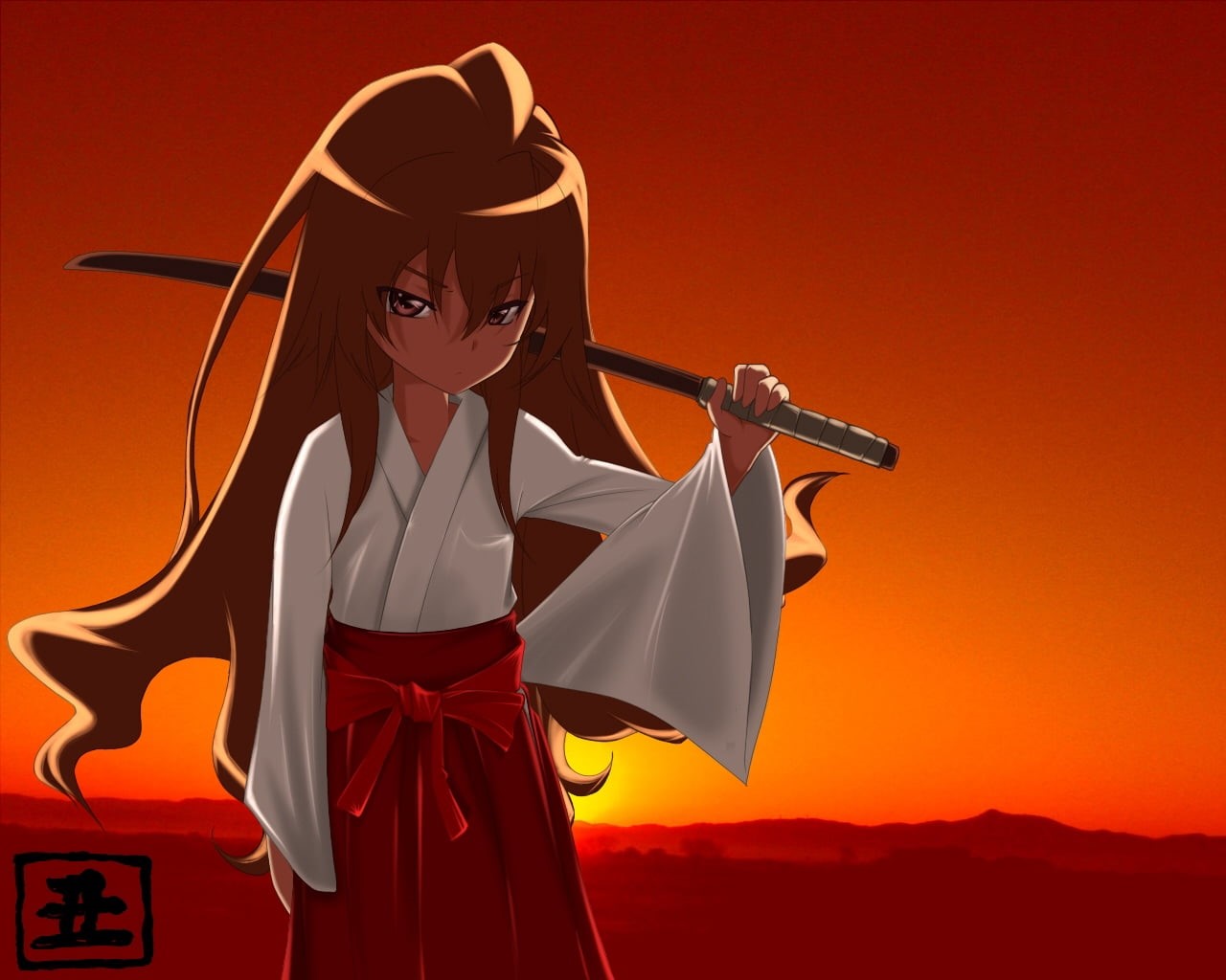 colored background, kimono, toradora, artist, 720P, sword, weapon, illustration, clothing, japan, sunset, nature, females, fashion, beauty, superhero, HD Wallpaper