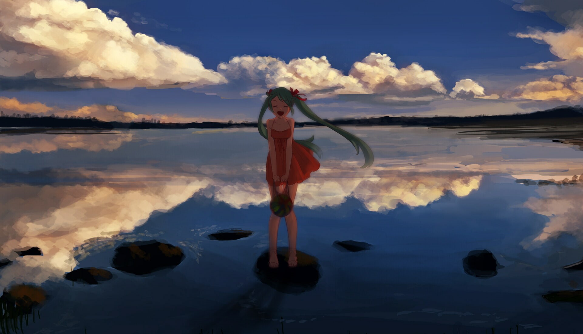 watermelon, tora, dress, water, hatsune, clouds, sky, jon, vocaloid, miku, twintails, 1080P, HD Wallpaper