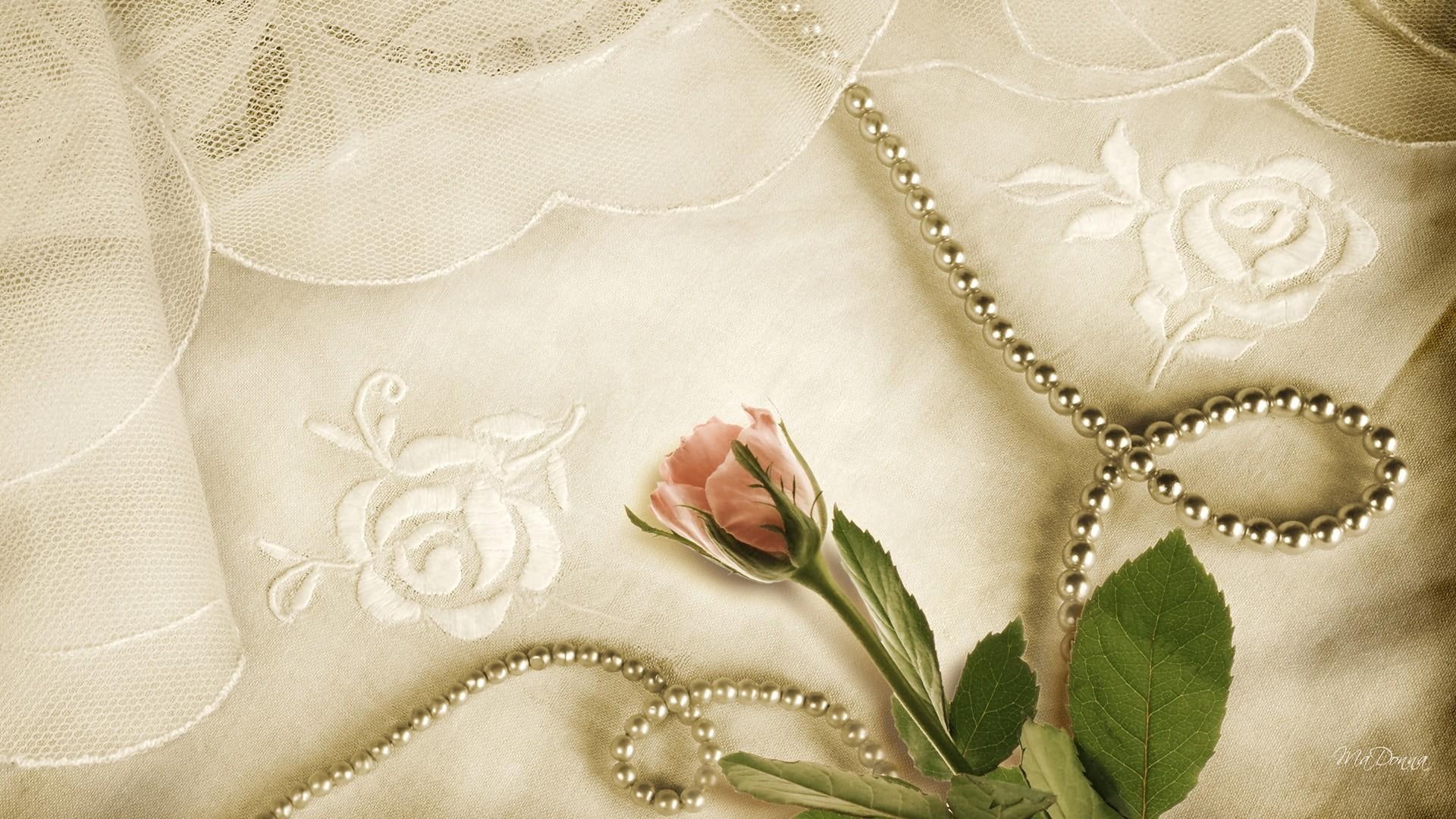valentines day, 3d and abstract, floral, lace, flower, textile, brown, vintage, rose, pink, embossed, delicate, 1080P, beads, fabric, HD Wallpaper