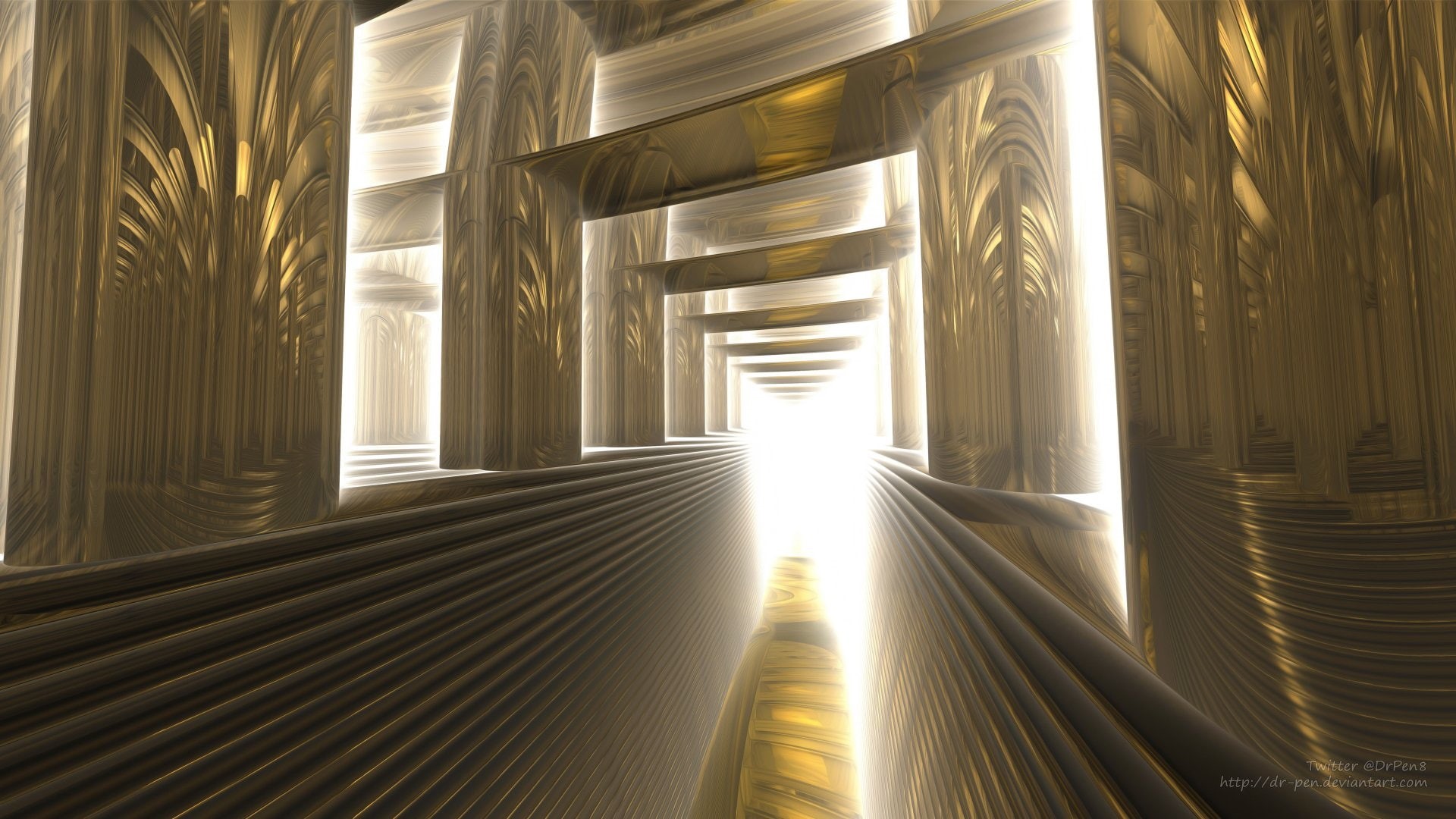 Digital Art, Bright, Gold, Abstract, 3D, CGI, Artistic, Mandelbulb 3D, Columns, Fractal, 1080P, HD Wallpaper