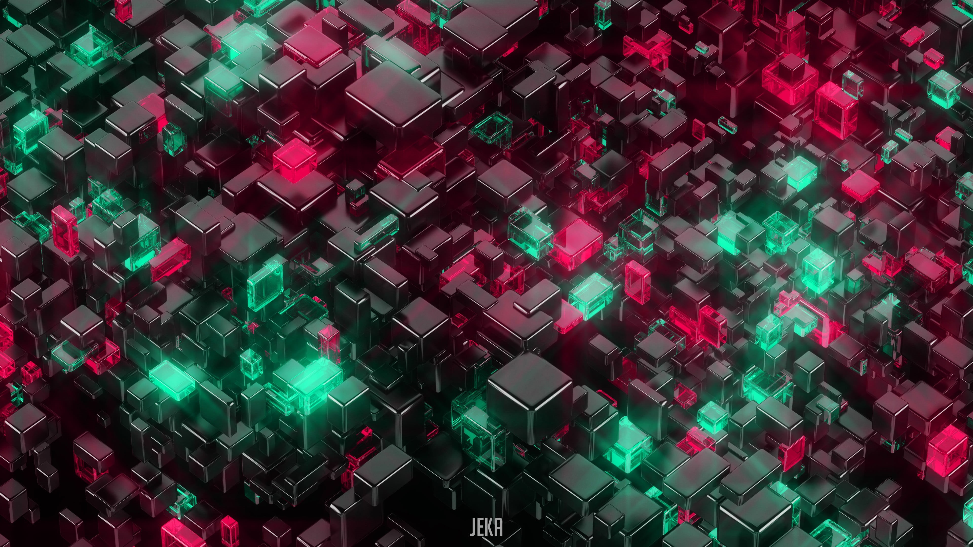 close-up, illuminated, black, multi colored, 4K, shape, full frame, cube, green color, indoors, design, backgrounds, technology, repetition, variation, HD Wallpaper