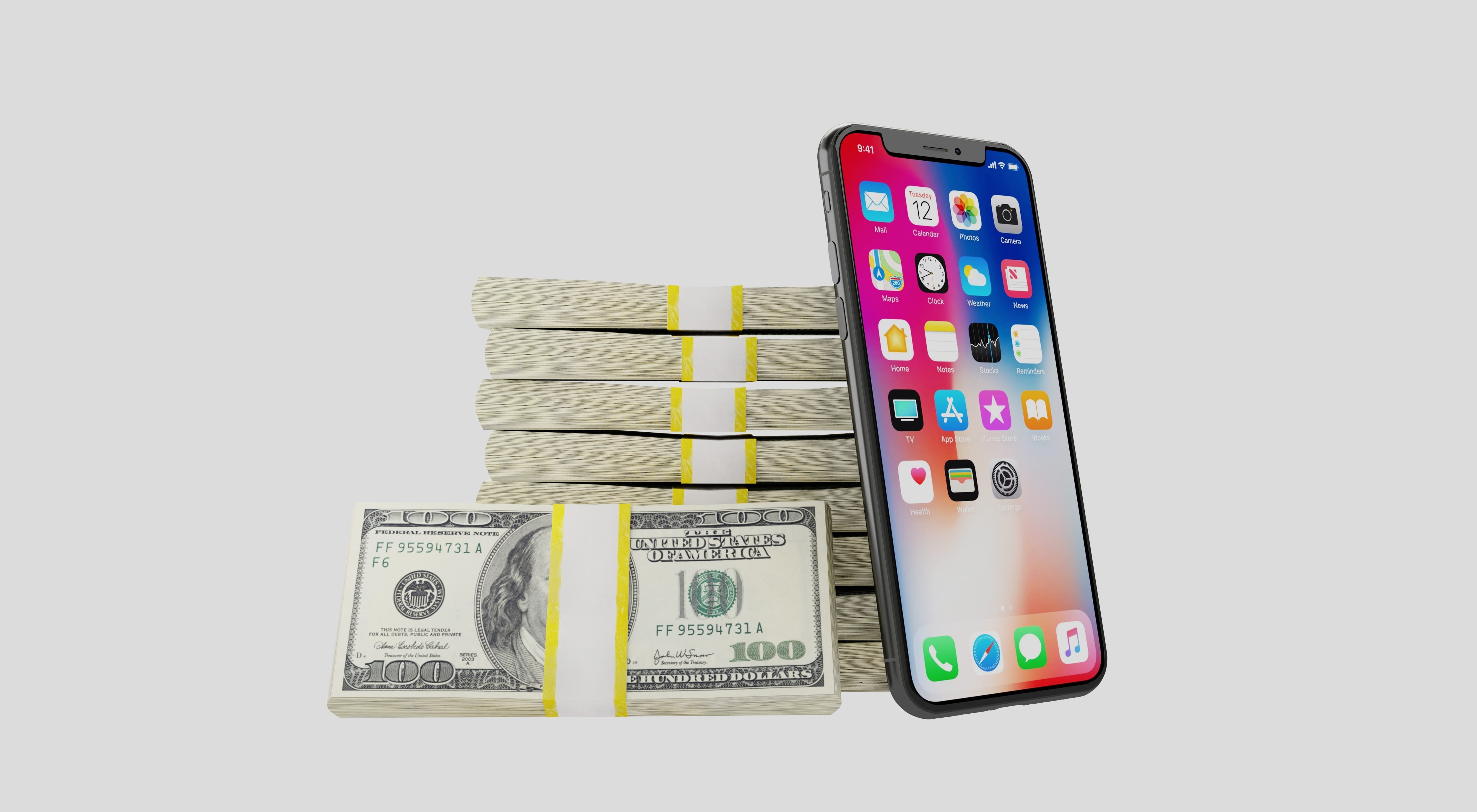 display, iphone x, smart phone, rendering, model, paper currency, white background, finance, design, wealth, device, communication, iphone, dollars, x, HD Wallpaper
