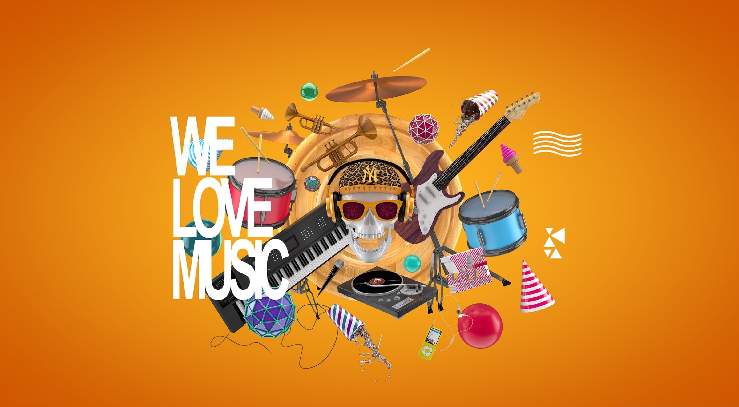 3d drum, 1080P, studio shot, equipment, 3d ball, halloween, cinema4d, sunglasses, c4d, celebration, 3d music, sweet, Artistic/3D, technology, yellow background, HD Wallpaper