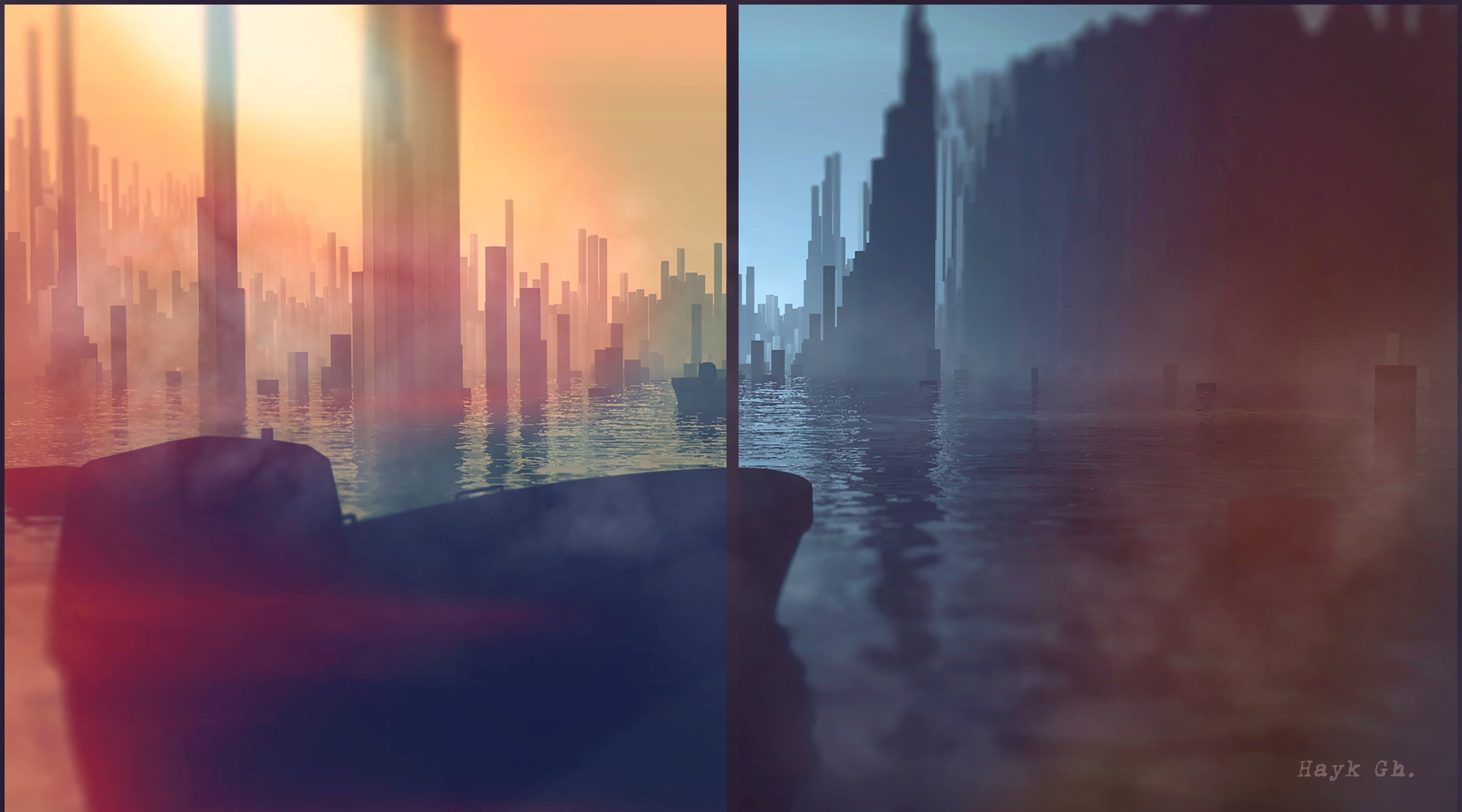 sea, water, 3dmax, auto post production filter, airship, place, boat, halo, Artistic, blue, mysitc, sky, photography, cityscape, sunset, wather, particle, HD Wallpaper