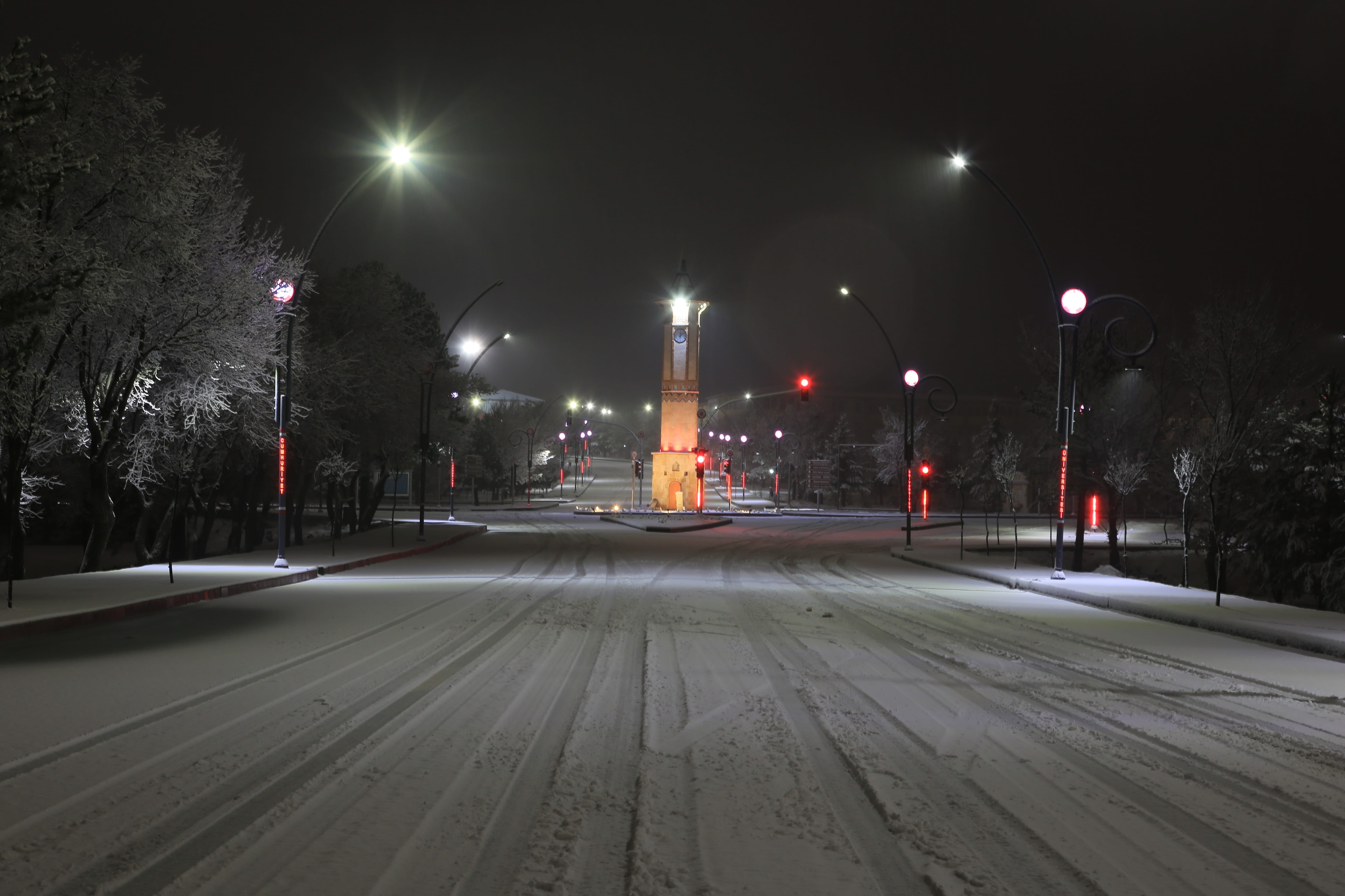 the way forward, outdoors, clock tower, architecture, transportation, light trail, tower, night shooting, street light, motion, lighting equipment, cumhuriyet university, HD Wallpaper
