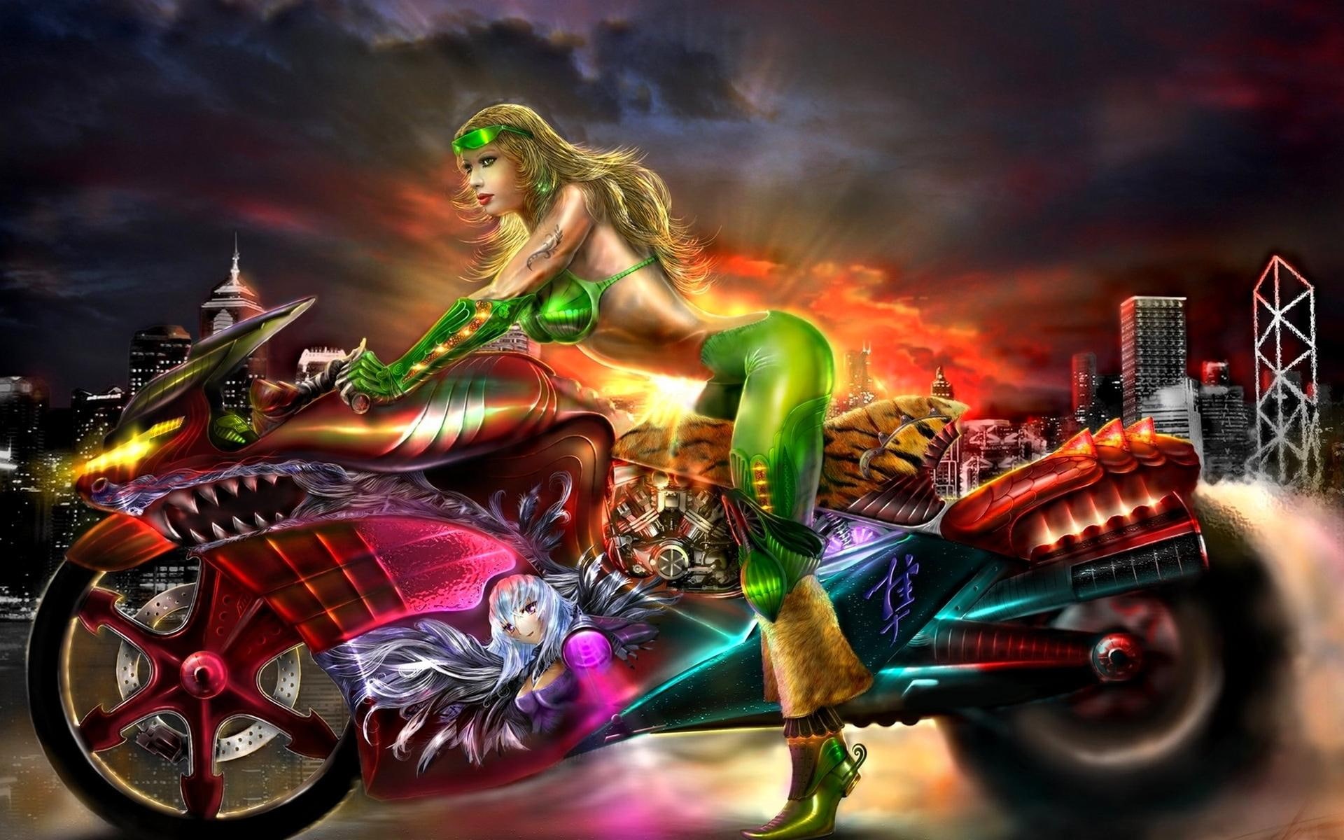 1080P, illustration, riding, bike, 3d and abstract, buildings, woman, amp, smoke, motorcycle, girl, HD Wallpaper