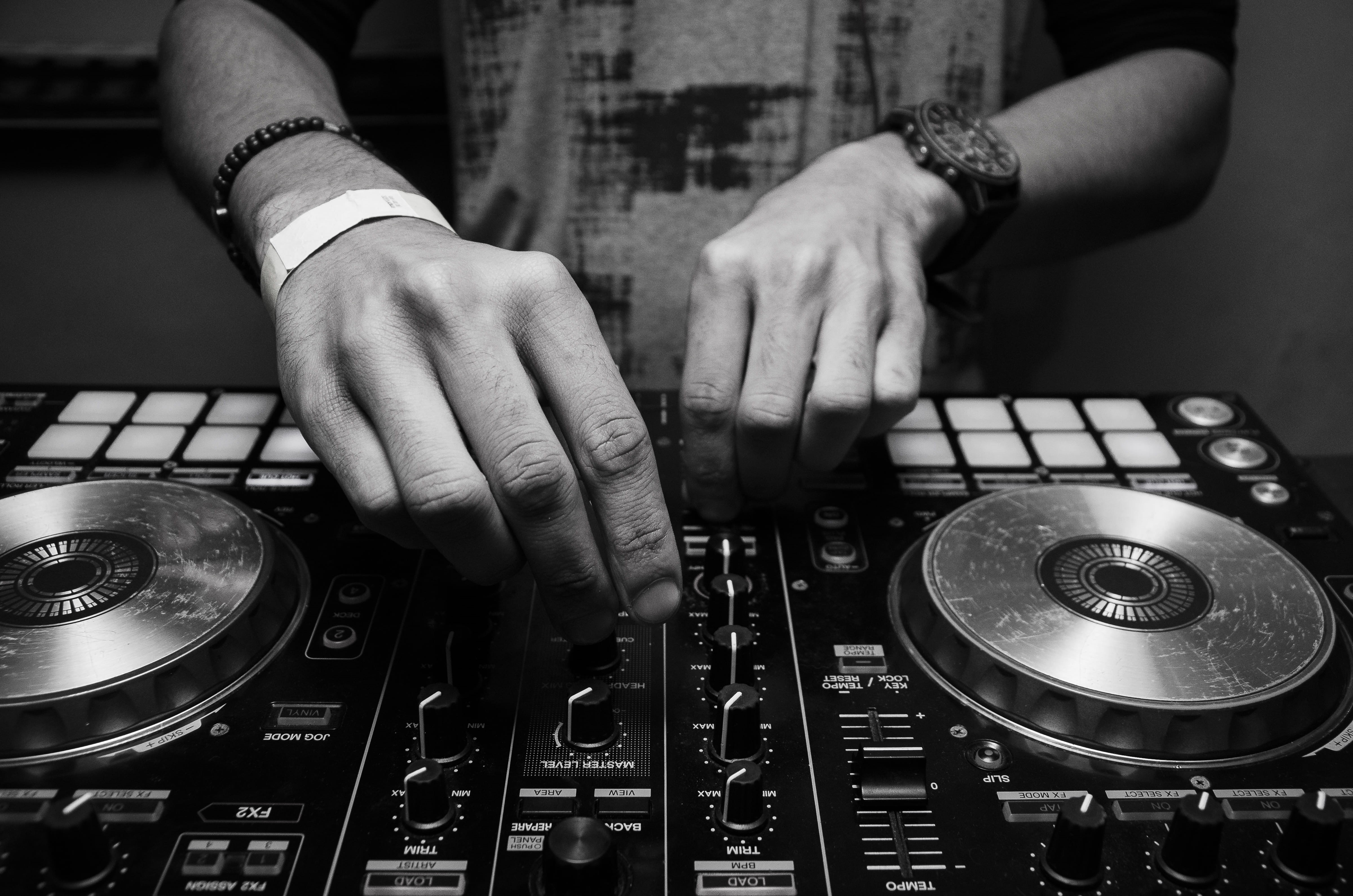 dj, CDJ, person, nightlife, human body part, indoors, playing, equipment, stereo, mixer, electronics, grayscale, gramophone, phonograph record, occupation, HD Wallpaper