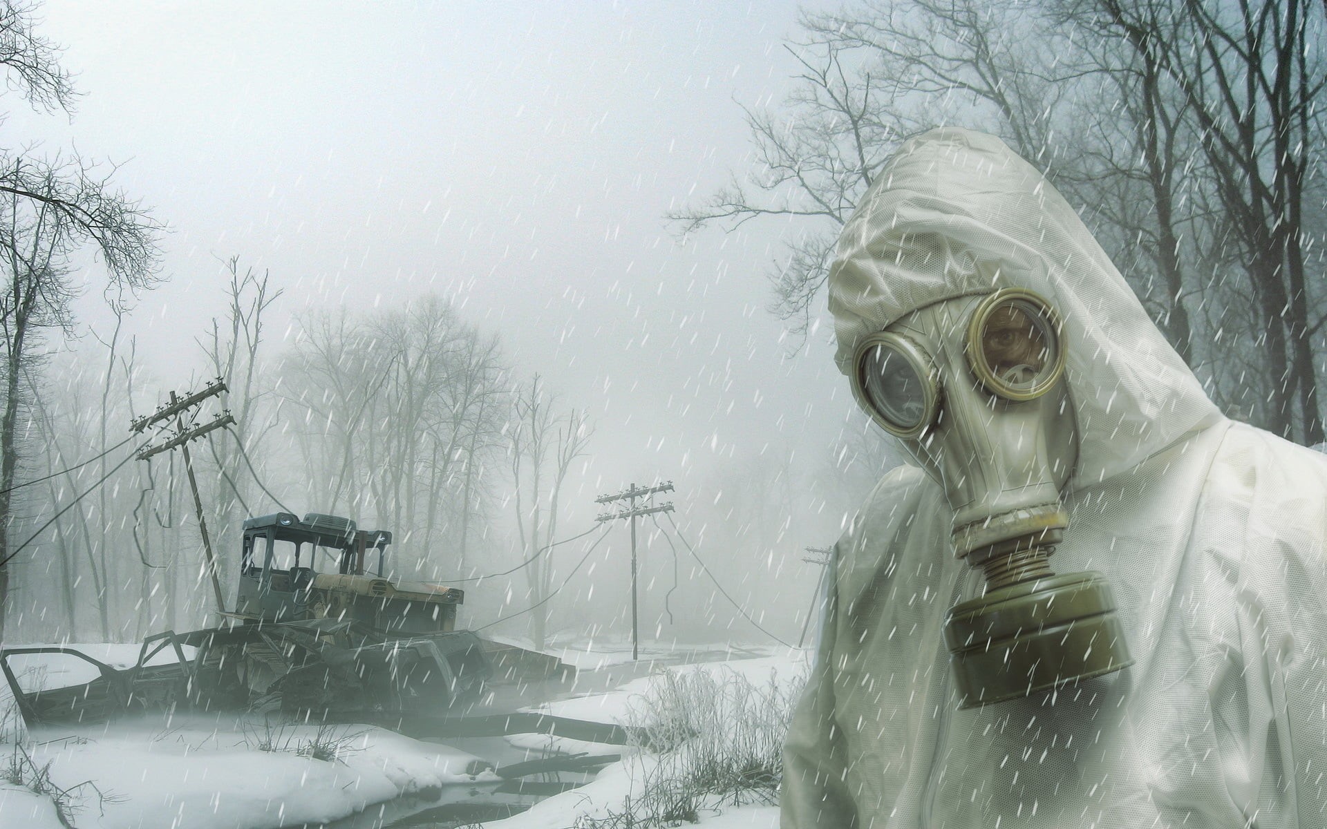 snowing, one person, tree, people, gas Mask, human representation, covering, real people, men, environment, toxic Substance, digital, weather, outdoors, HD Wallpaper