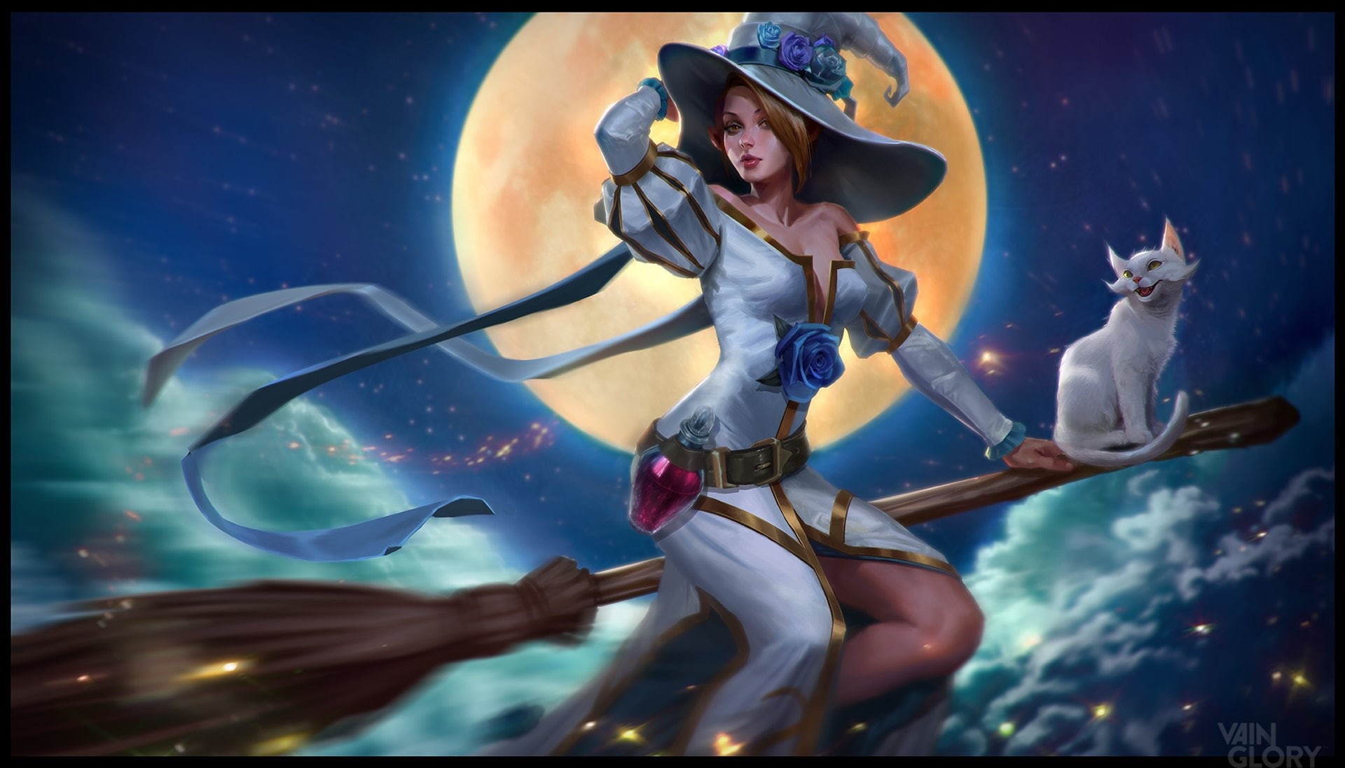 cat, witch, 1080P, Vainglory: Beawitch Celeste, flight, broom, art, night, the moon, Mushk Rizvi, fantasy, HD Wallpaper