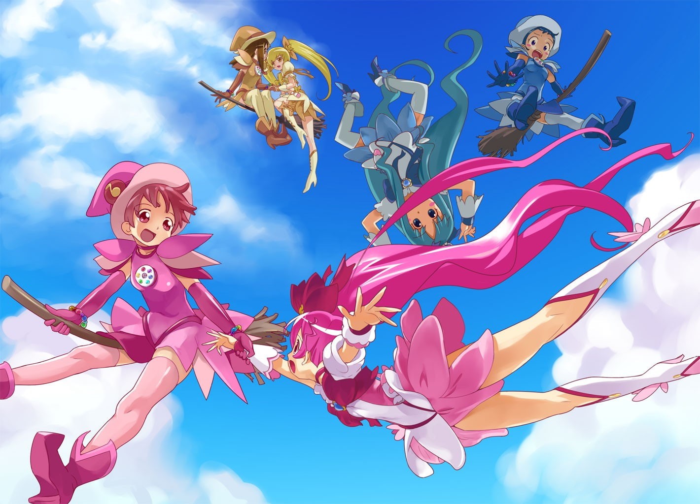 witch, magical girls, pink dress, pink hair, 妹尾あいこ, 春風どれみ, flying, Doremi Harukaze, sky, Poppu Harukaze, Aiko Senoo, 720P, thigh-highs, Ai-chan, ojamajo doremi, HD Wallpaper