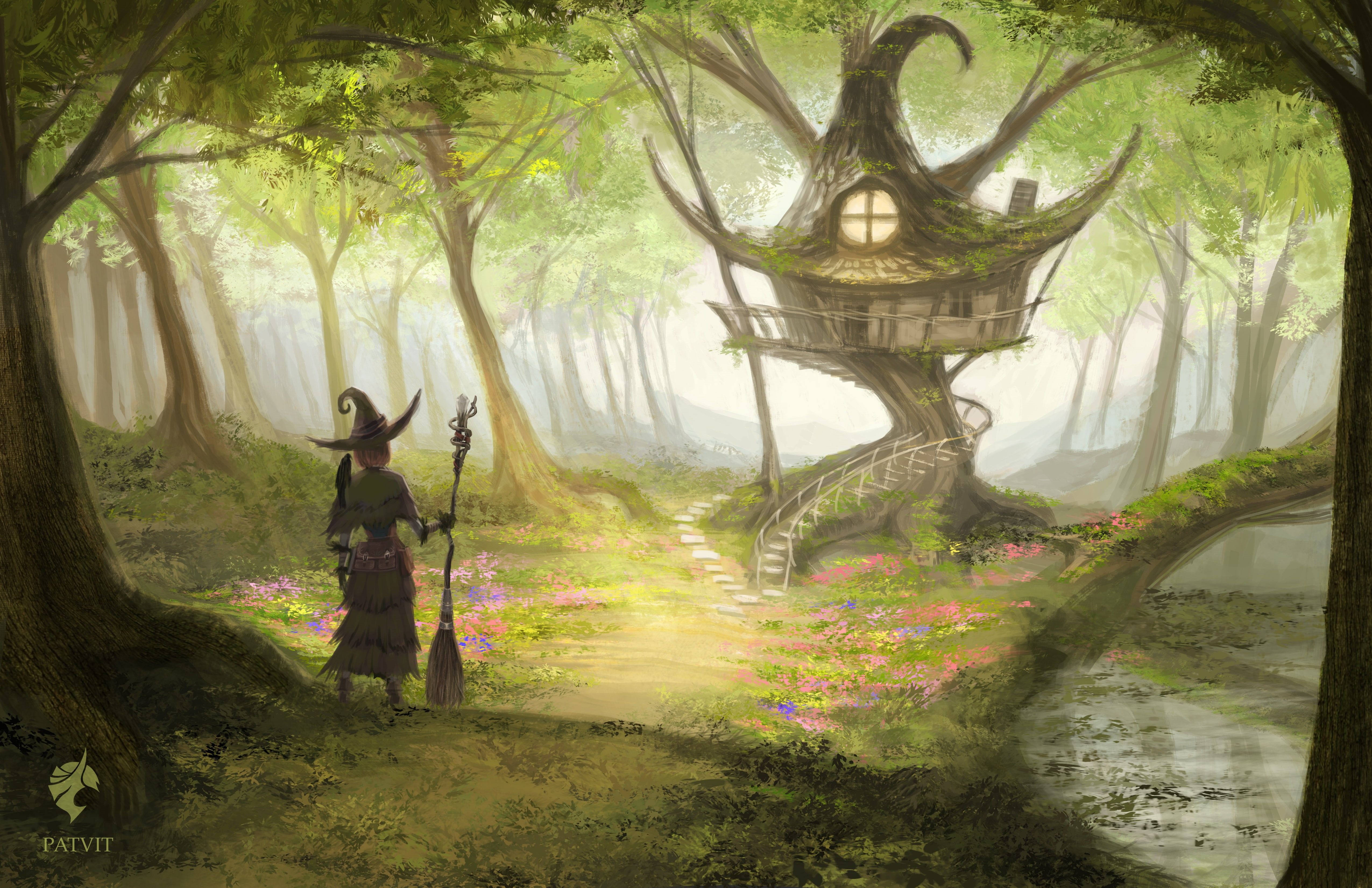 Fantasy, Witch, Tree House, Forest, Girl, Witch Hat, Broom, 4K, HD Wallpaper