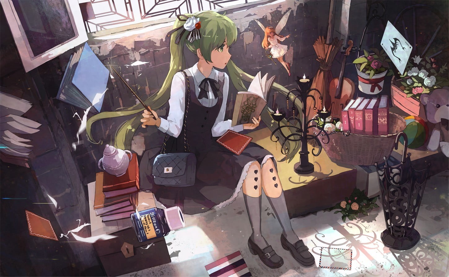 string instrument, retail, choice, wands, sunlight, ribbon, day, Vocaloid, art and craft, teddy bears, long hair, nature, 720P, human representation, market, HD Wallpaper