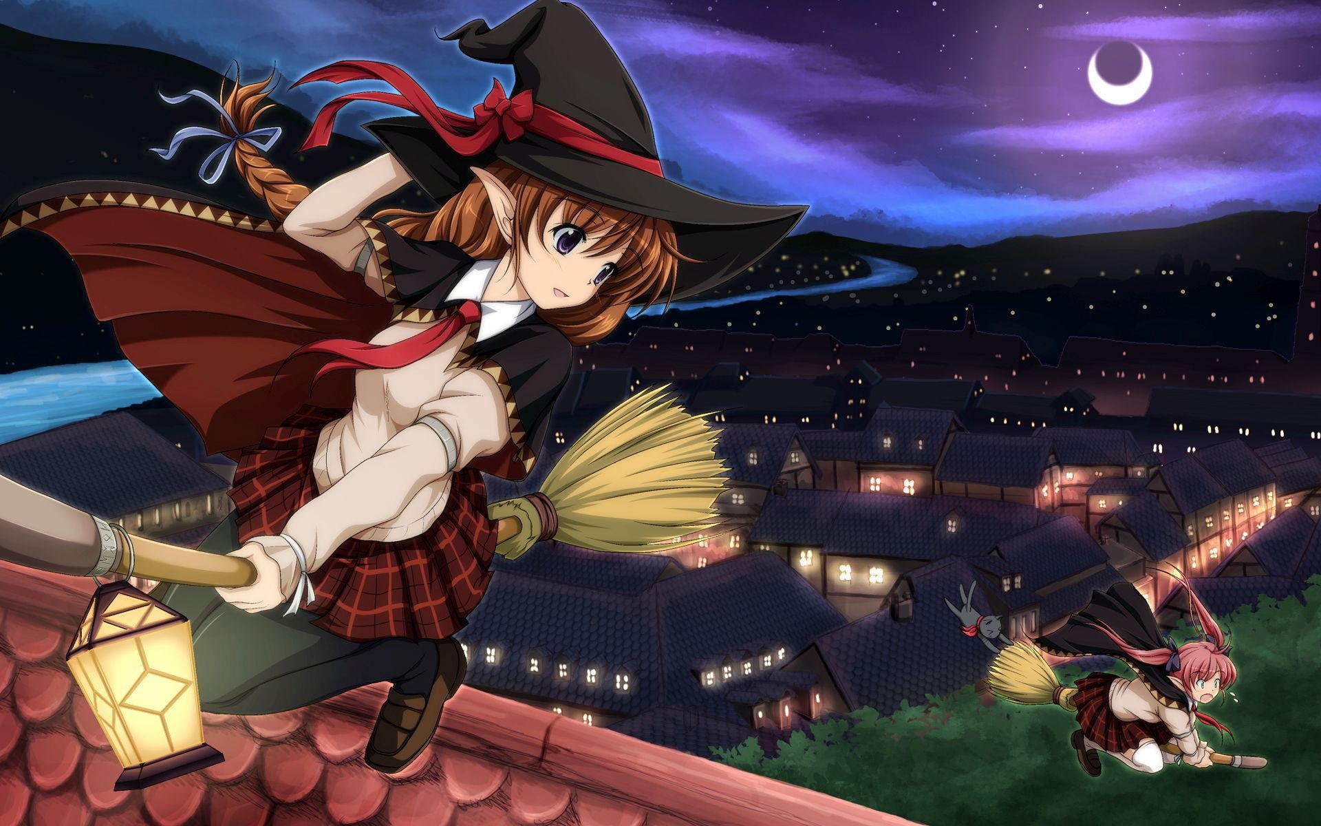 photo, animated, girl, flying, broom, 1080P, woman, anime, 1920x1200, witch, HD Wallpaper
