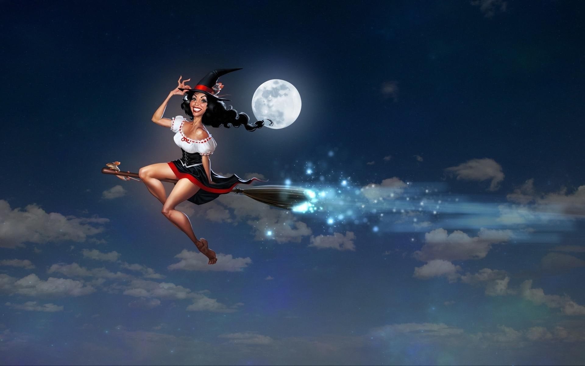 art, witch, 1920x1200, digital art, woman, broom, full, flying, moon, 1080P, HD Wallpaper
