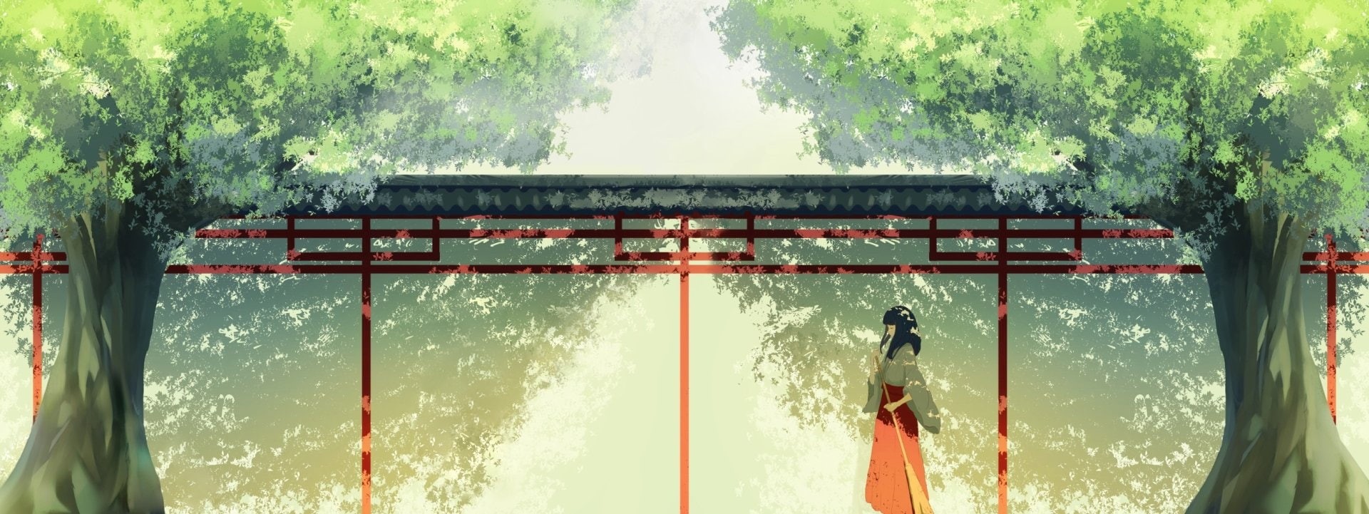 1080P, Anime, Original, Long Hair, Black Hair, Girl, Tree, Japanese Clothes, Broom, HD Wallpaper